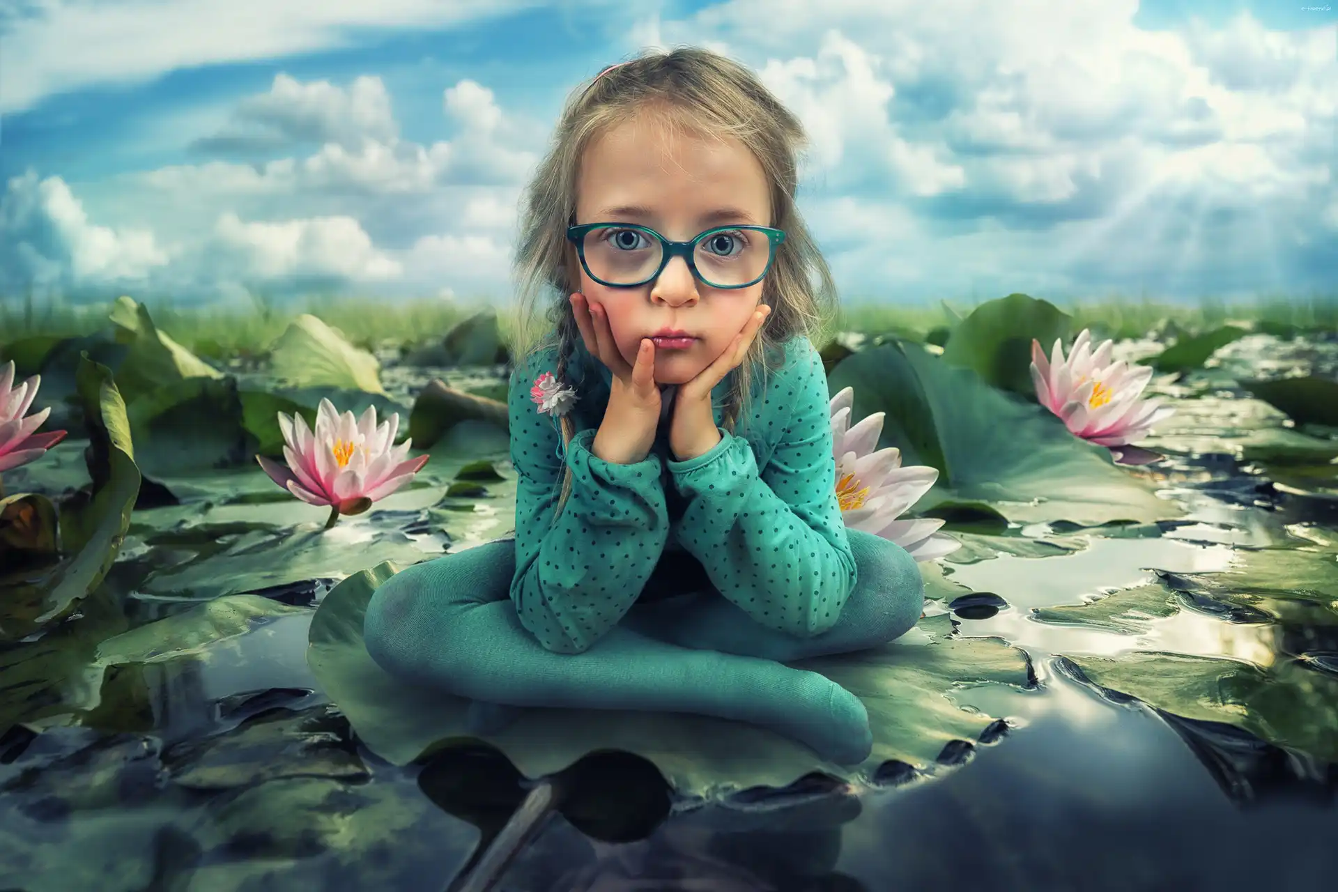 Lilie, Zielone, Okulary, Wodne, Dziewczynka, Grafika
