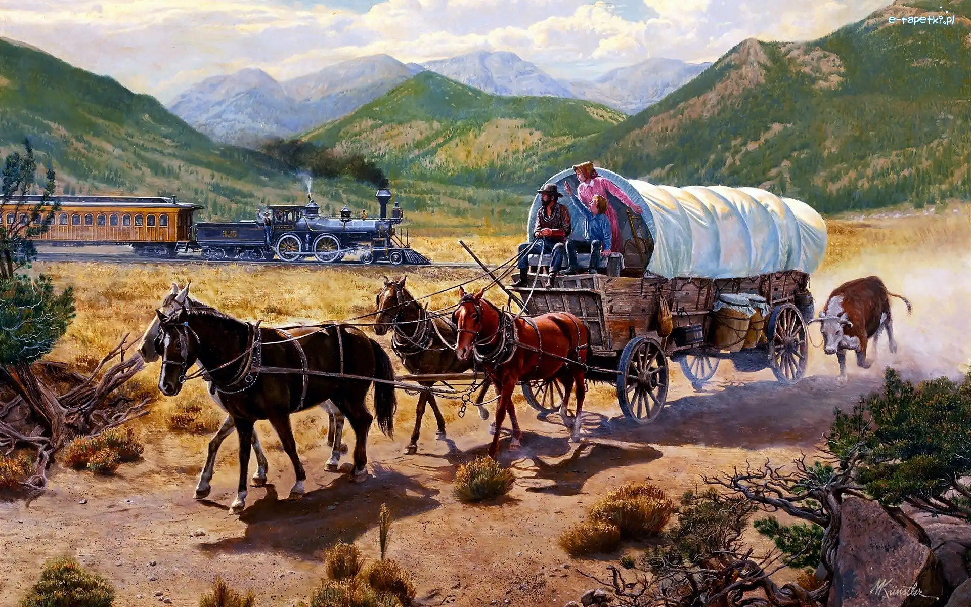 Góry, Dyliżans, Pociąg, Mort Kunstler, Malarstwo, Wóz, Konie