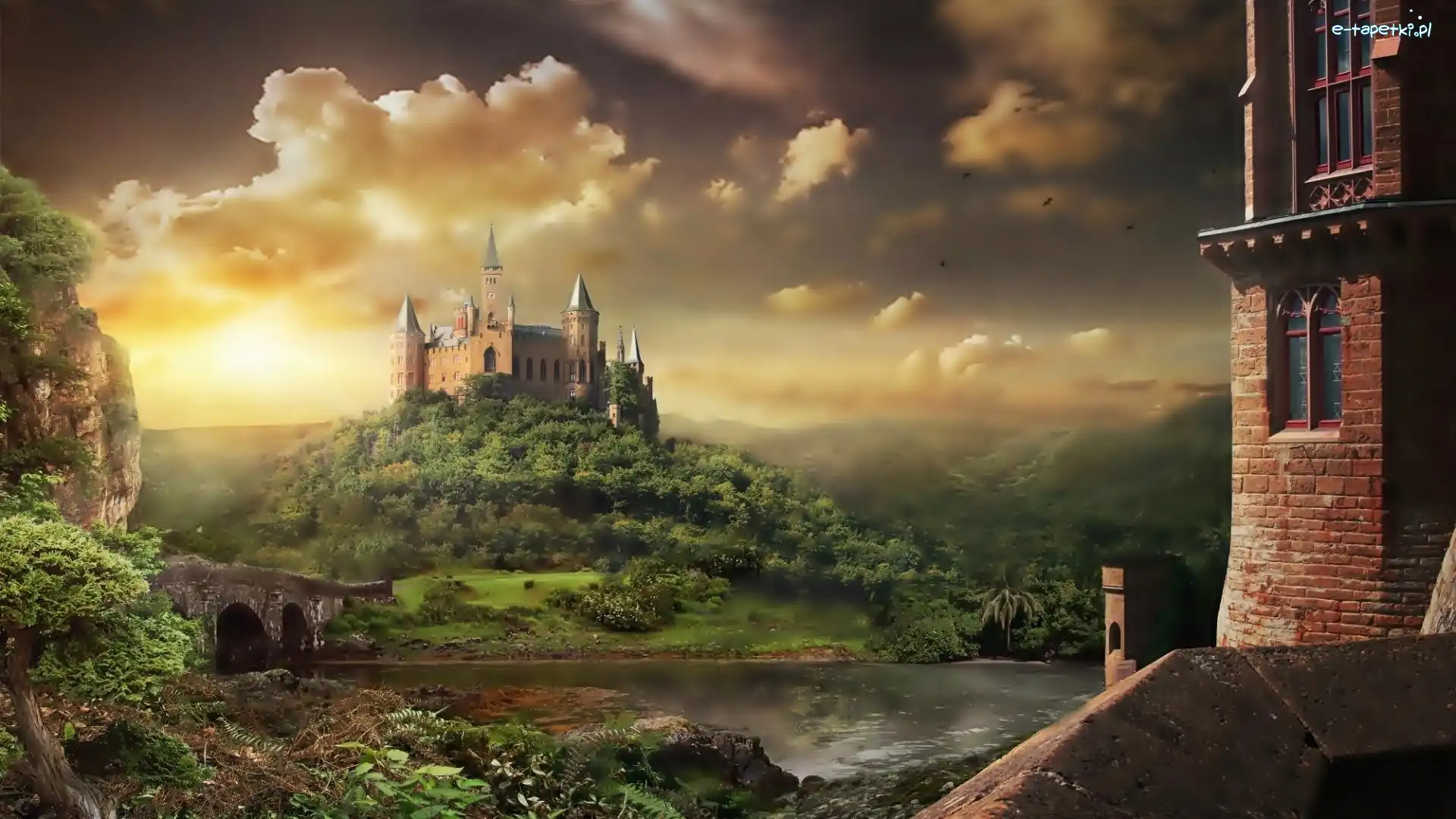 Most, Wzgórze, Rzeka, Skały, Zamek, Fantasy