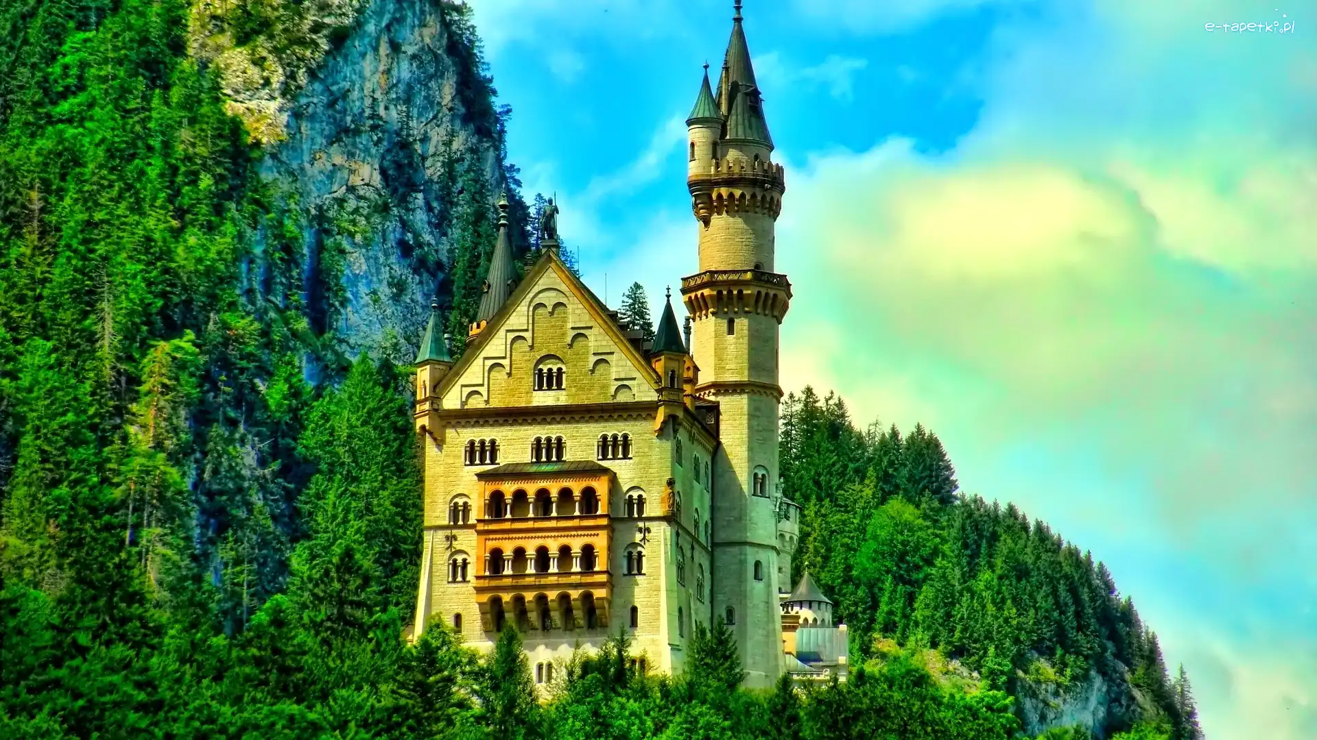 Zamek Neuschwanstein, Niemcy, Bawaria, Lasy, Góry