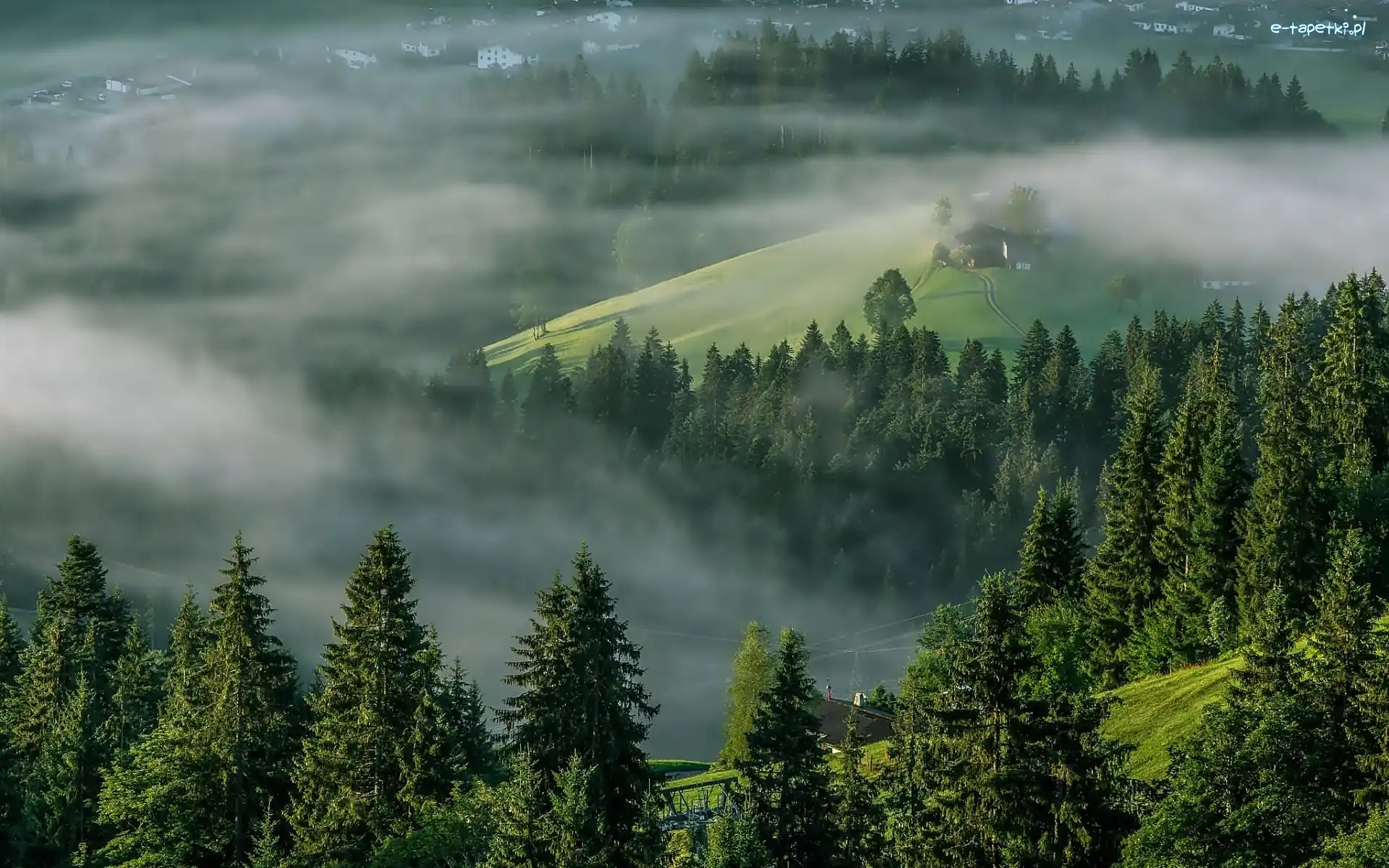 Austria, Mgła, Domy, Lasy, Góry, Tyrol, Alpy