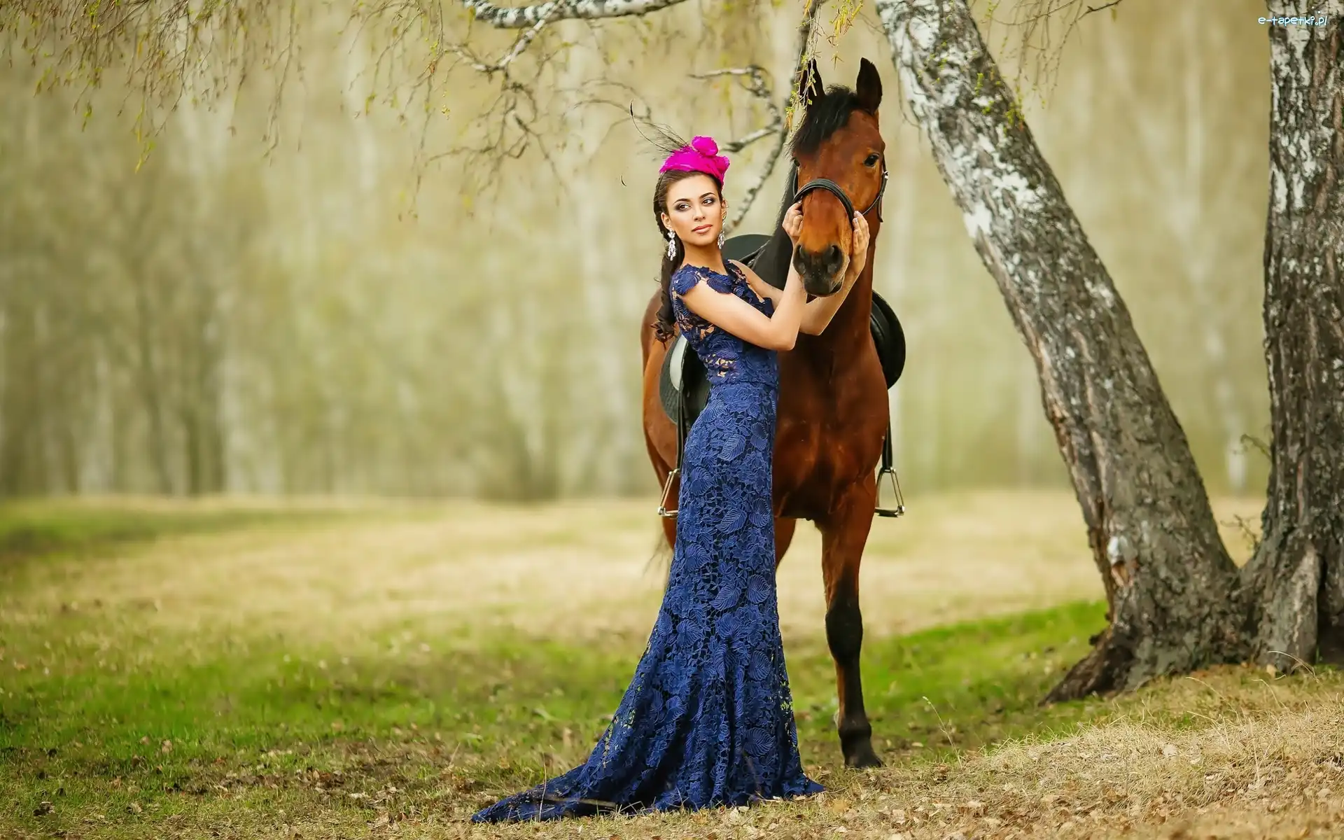 Kobieta, Koń, Modelka, Las, Polana