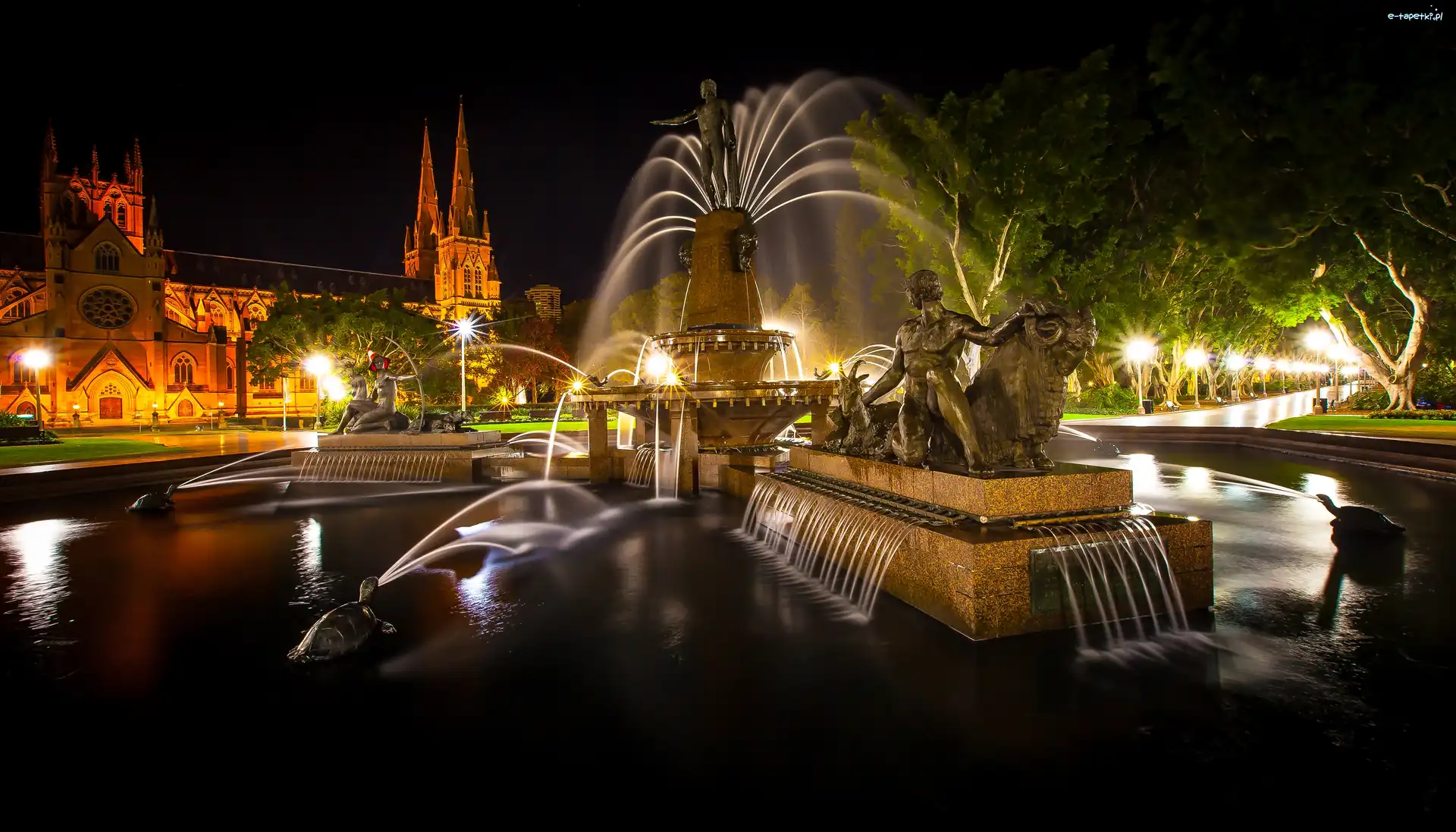 Światła, Rzeźby, Kościół, Australia, Fontanna, Miasto Nocą