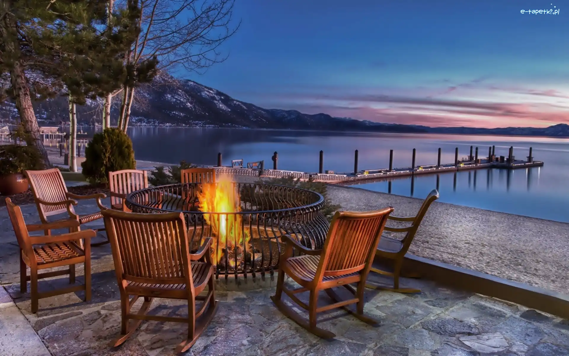 Kurort, Molo, USA, Zmierzch, Ognisko, Góry, Sierra Nevada, Jezioro Tahoe