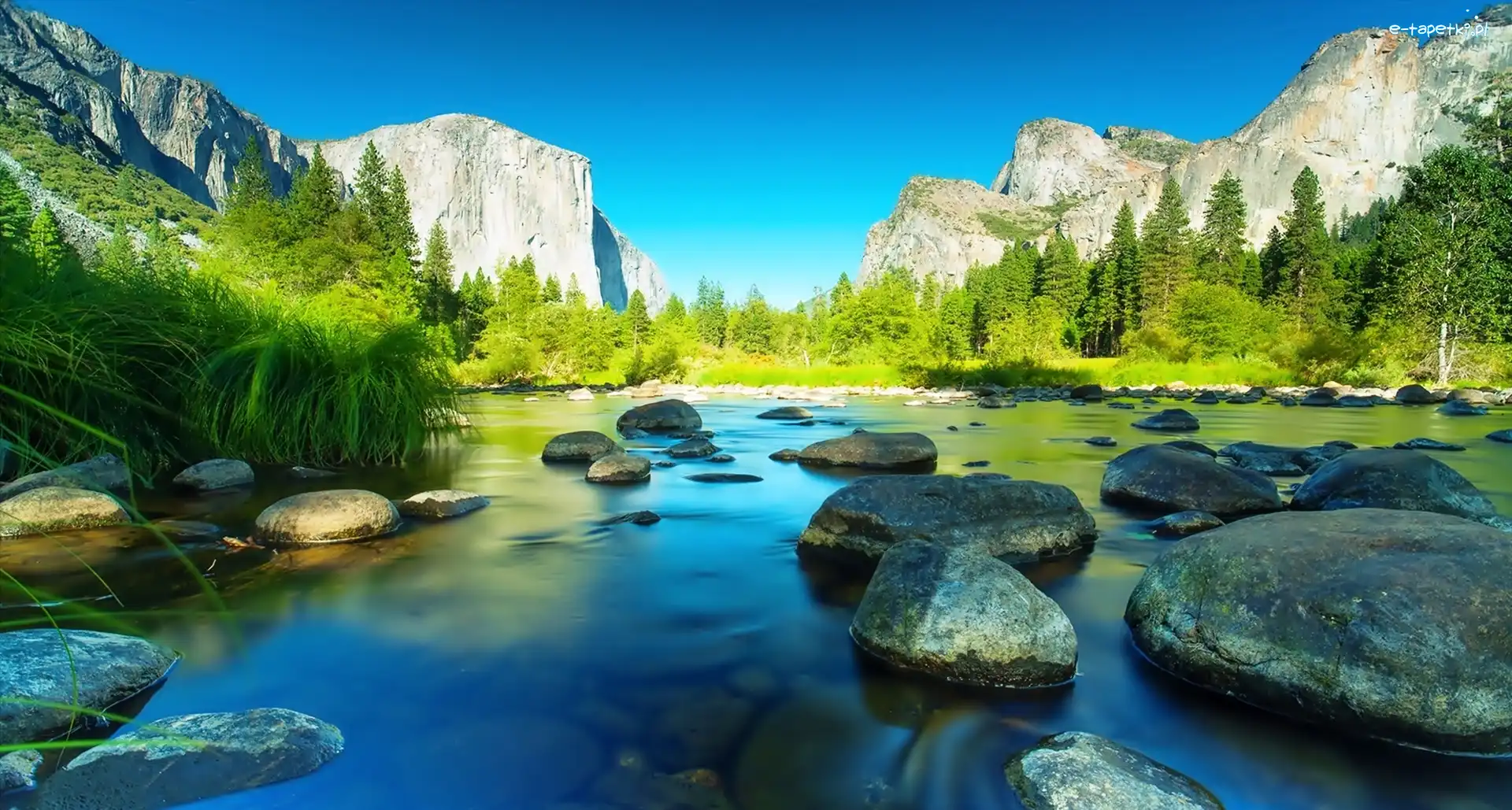 Góry, Stan Kalifornia, Rzeka, Kamienie, Park Narodowy Yosemite, Drzewa, Las, Stany Zjednoczone
