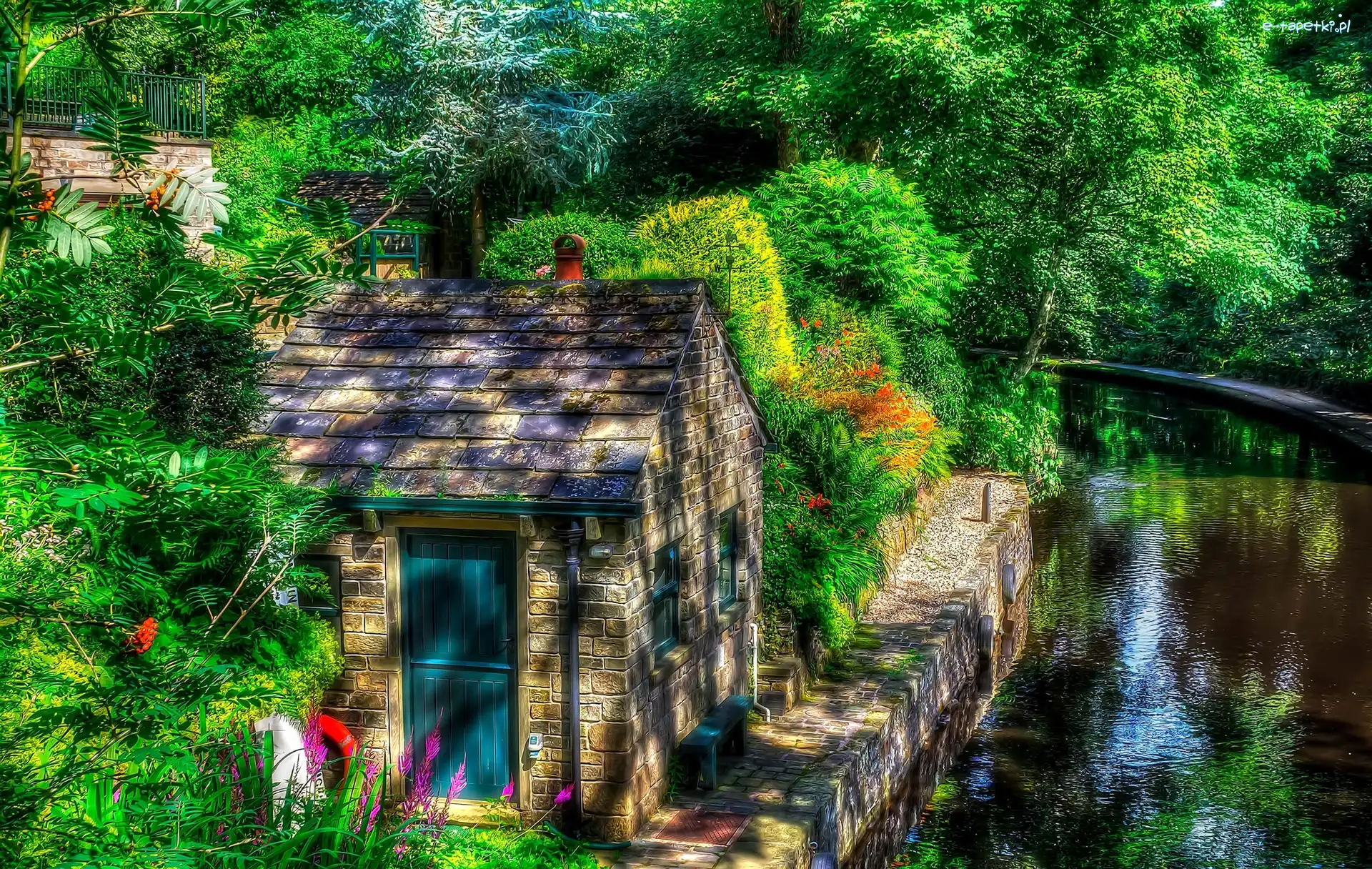 HDR, Drzewa, Lato, Anglia, Rzeczka, Dom