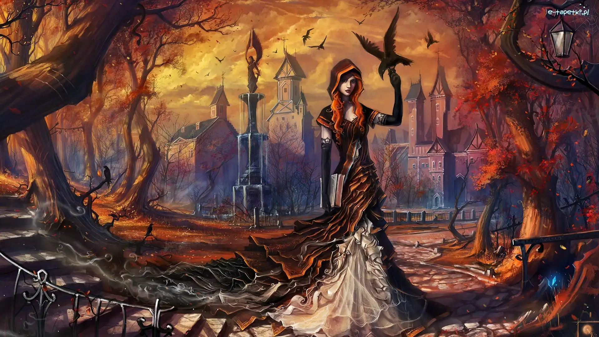 Fantasy, Kruk, Dziewczyna, Domy, Drzewa