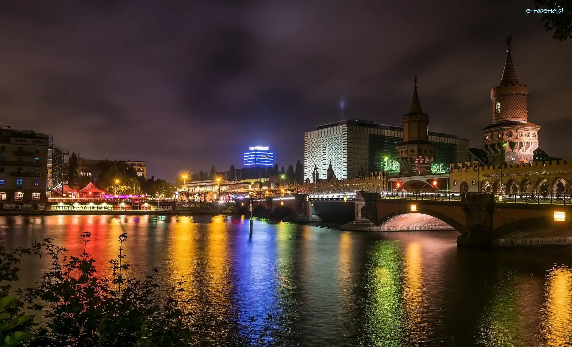 Rzeka, Wieża, Most, Nocą, Berlin