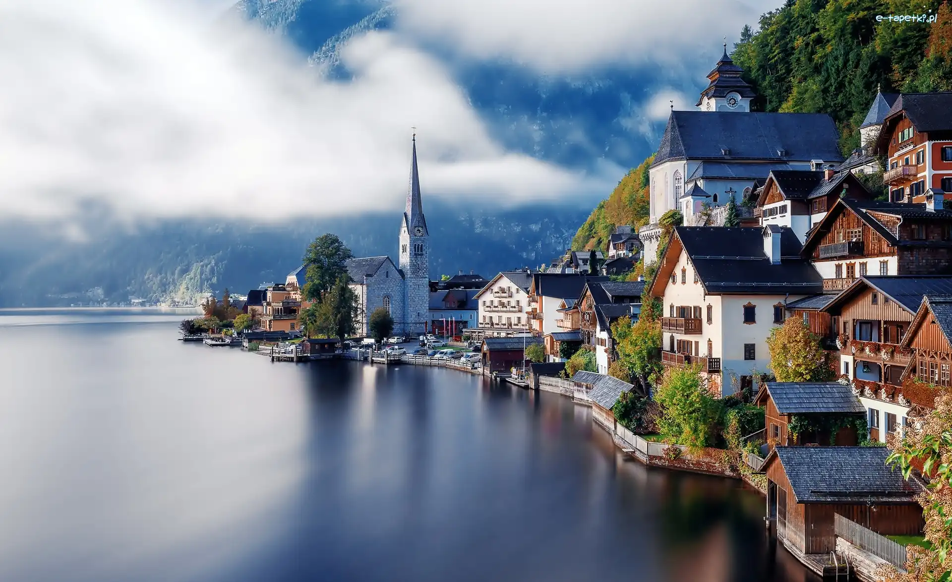 Góry, Domy, Jezioro, Austria, Hallstatt