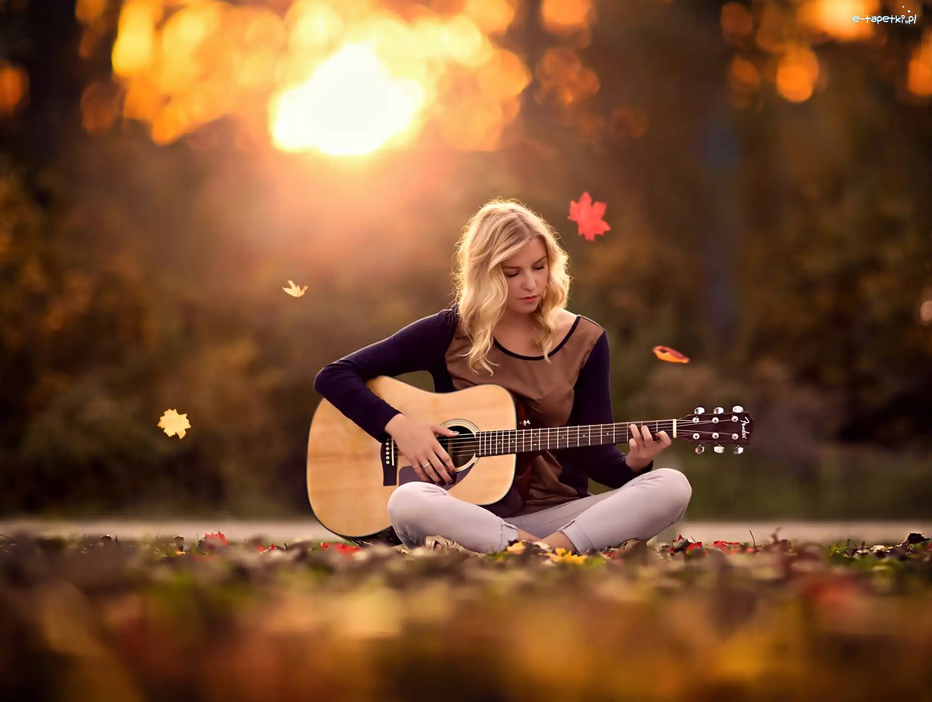 Jesień, Gitara, Liście, Kobieta