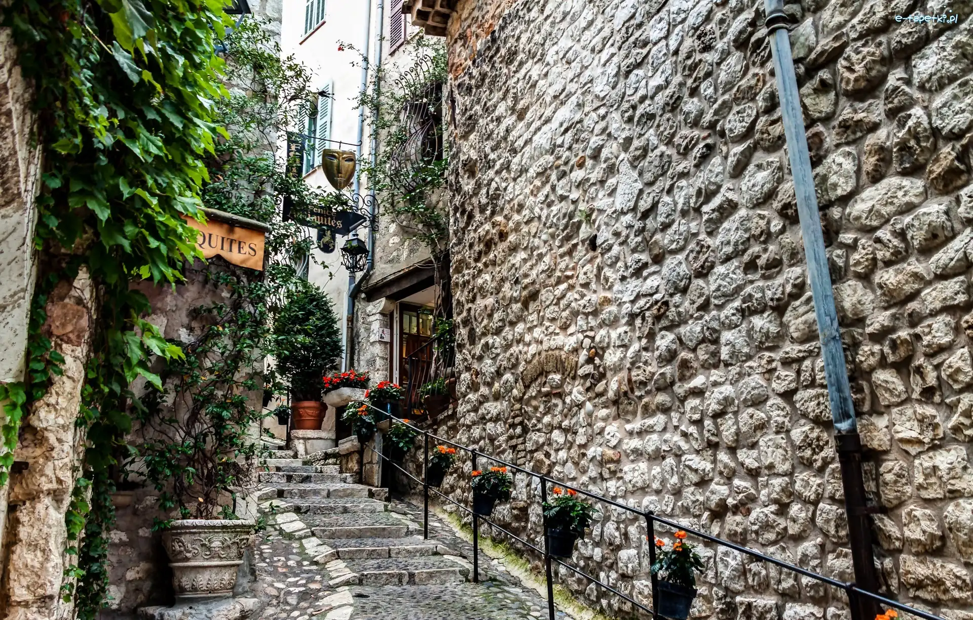 Szyldy, Francja, Schody, Kawiarnia, Lazurowe Wybrzeże, Saint-Paul-de-Vence