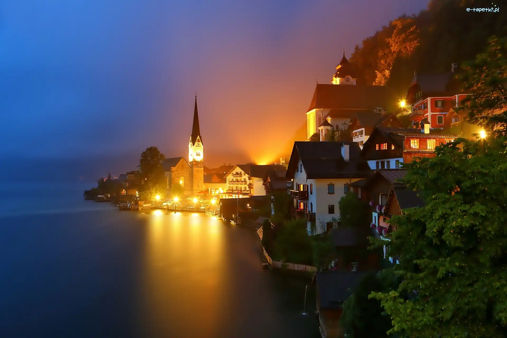 Austria, Jezioro, Nocą, Hallstatt