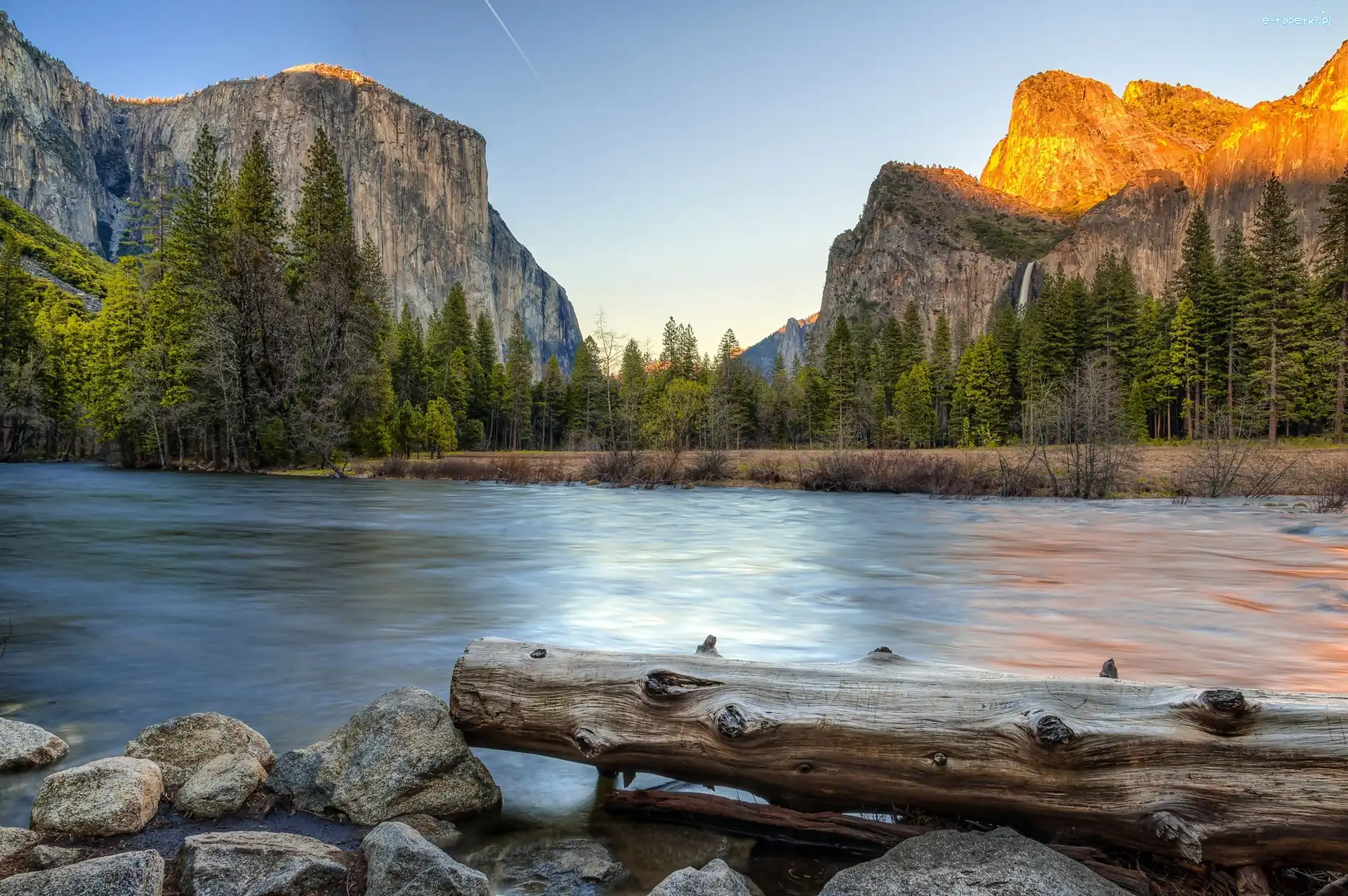 Drzewa, Park Narodowy Yosemite, Góry, Stan Kalifornia, Stany Zjednoczone, Kamienie, Rzeka