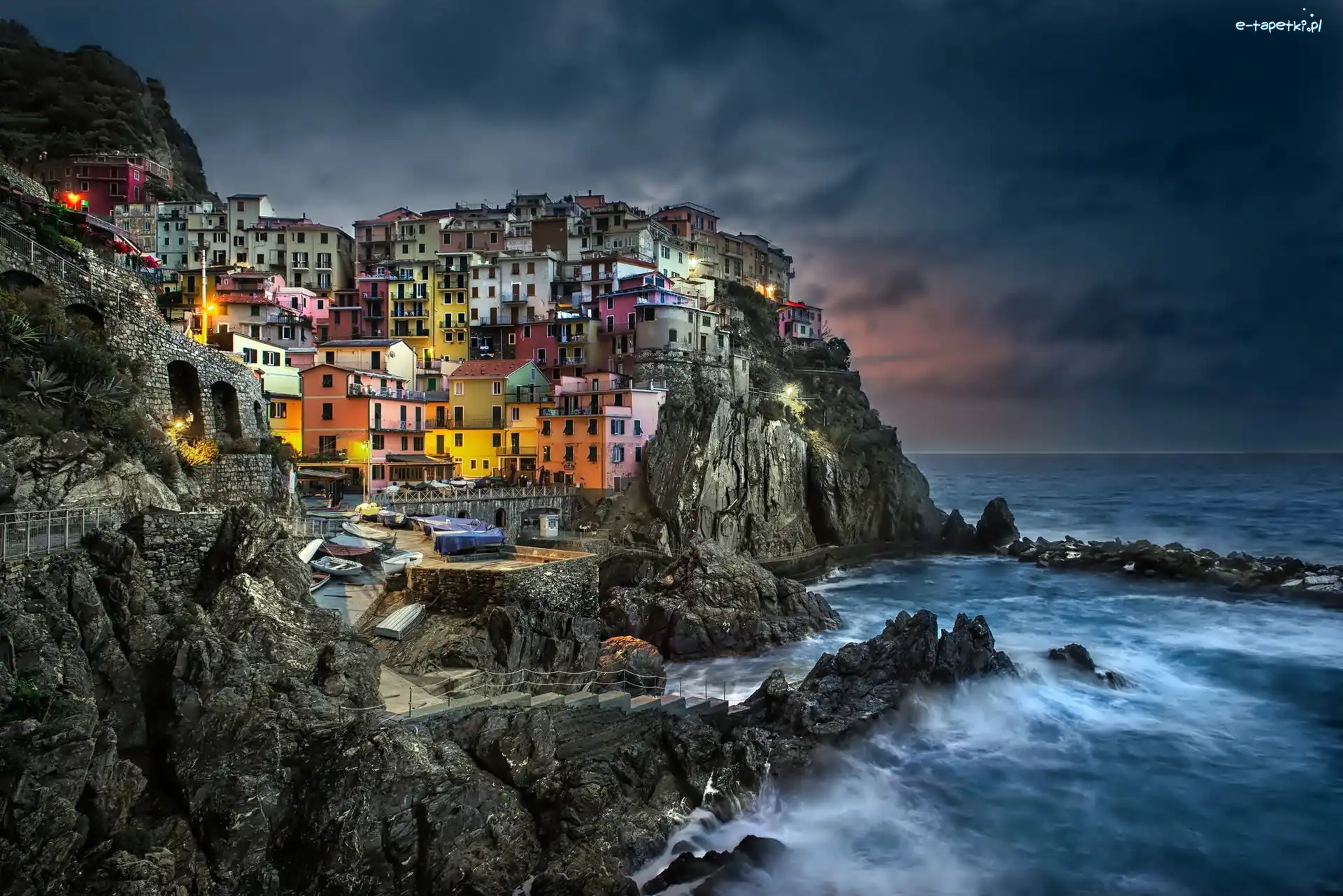 Morze, Noc, Domy, Włochy, Manarola