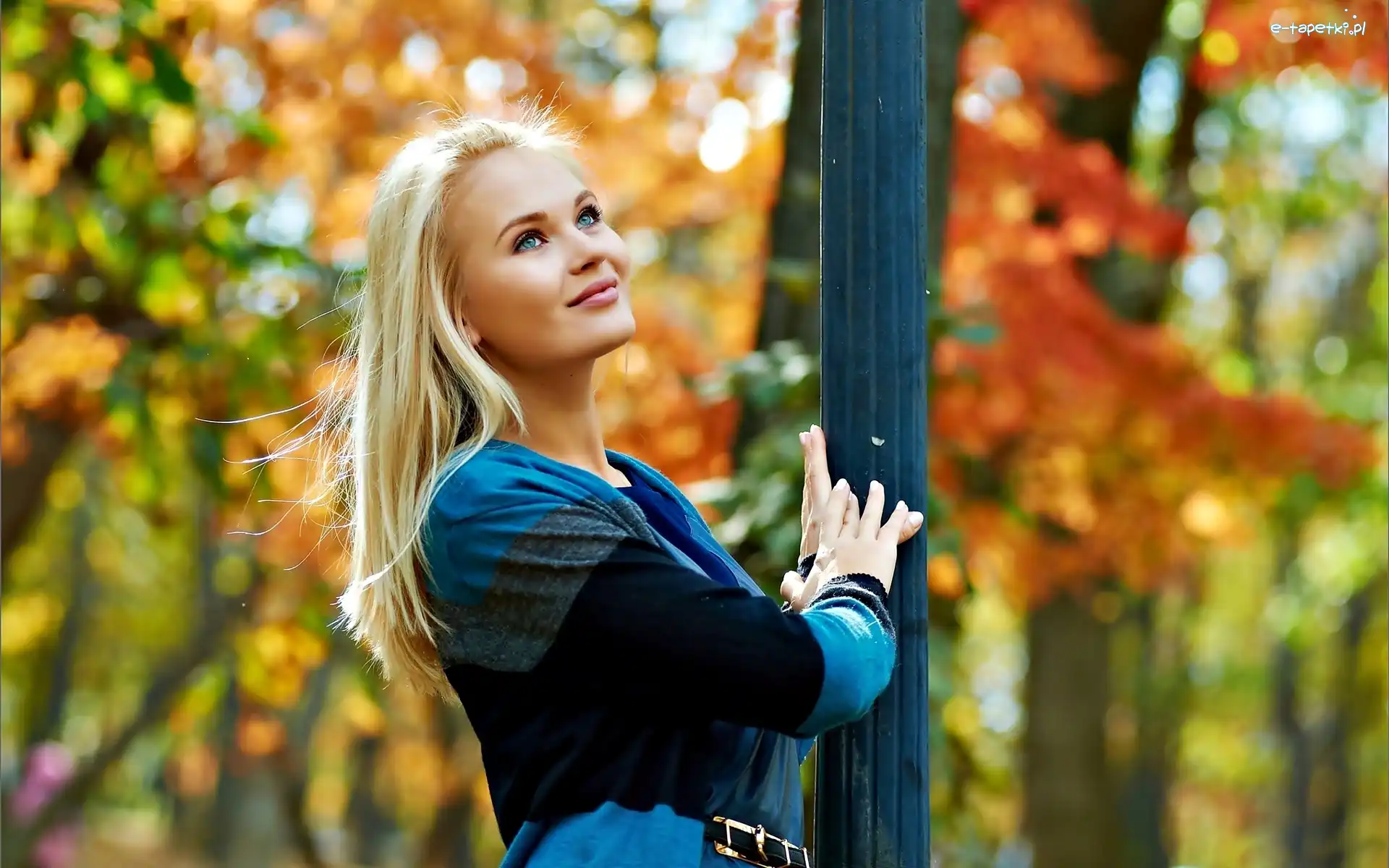 Jesień, Blondynka, Spojrzenie, Park, Kobieta, Piękna