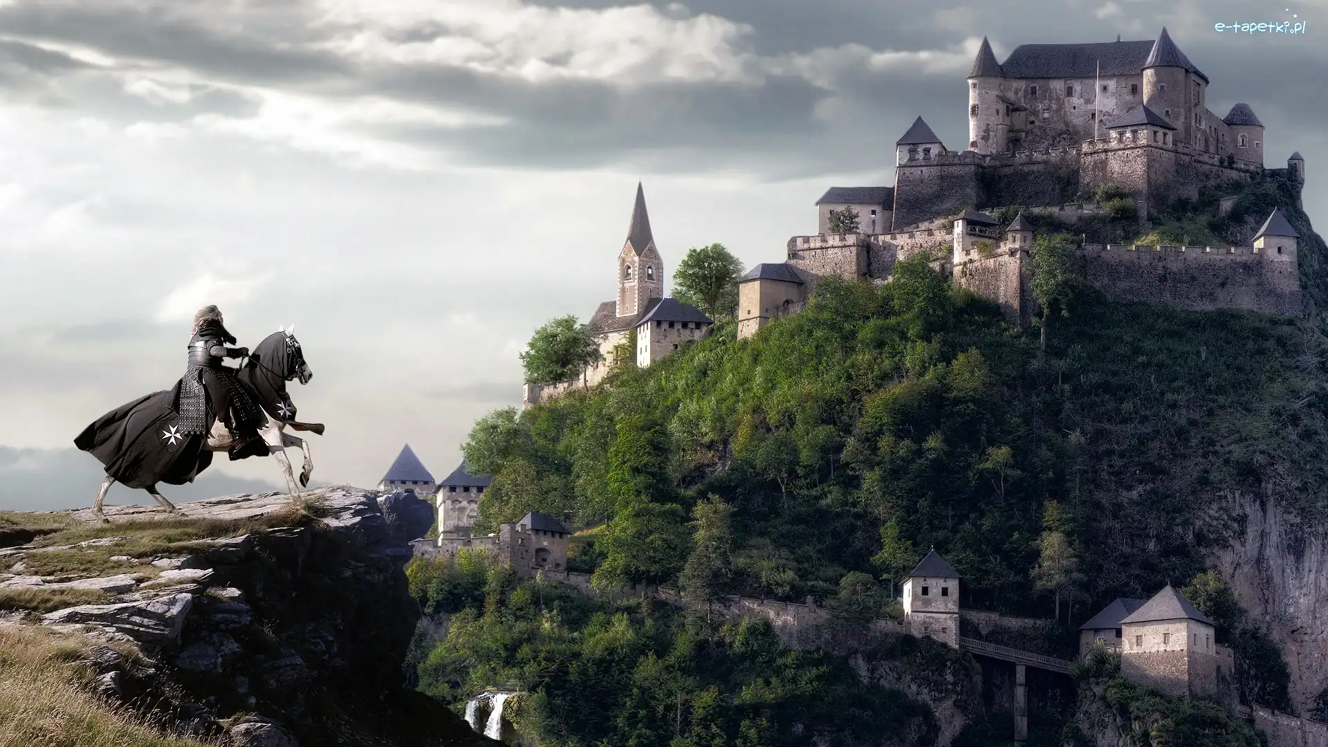 Fantasy, Zamek, Góra, Koń, Rycerz
