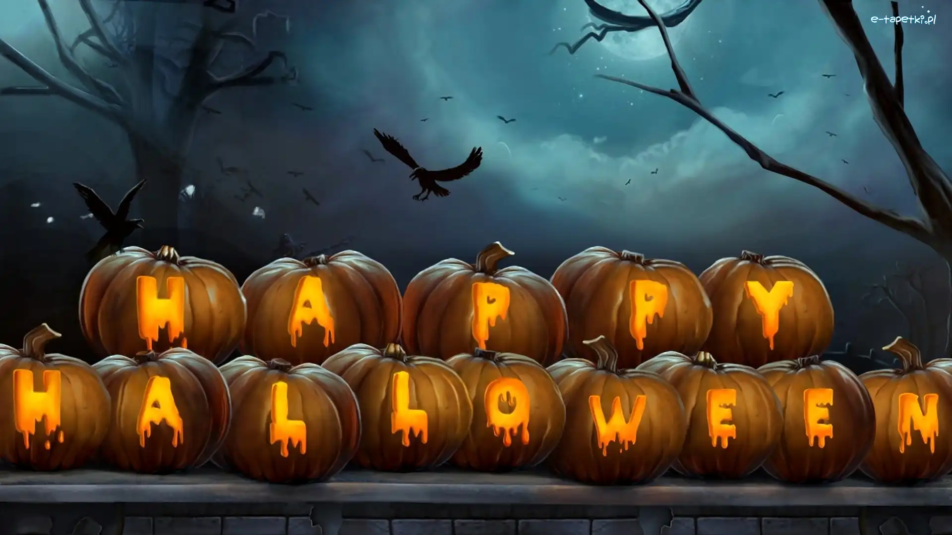 Drzewa, Napis, Noc, Ptaki, Dynie, Halloween