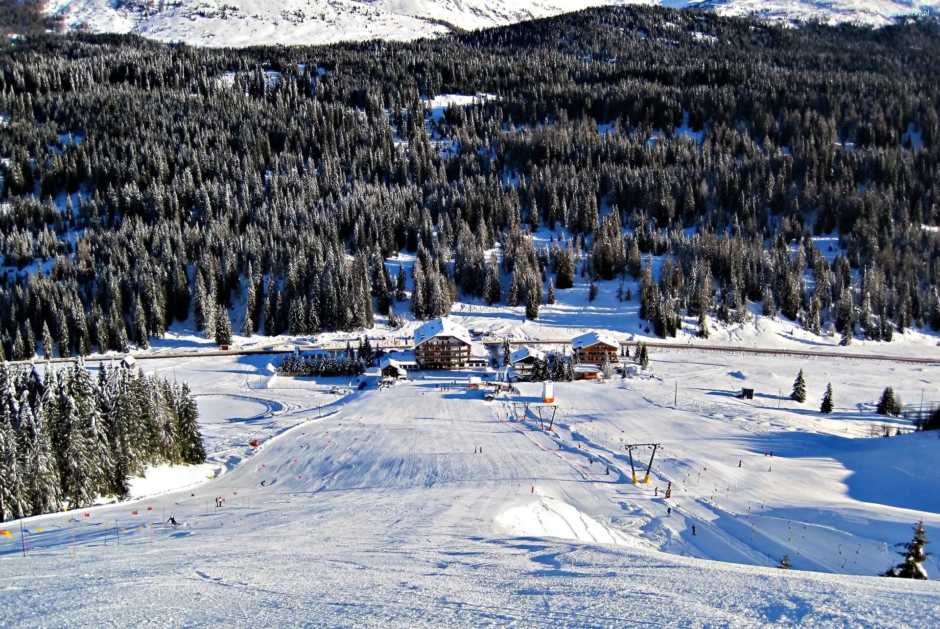 Zima, Lasy, Góry, Stok, Domy