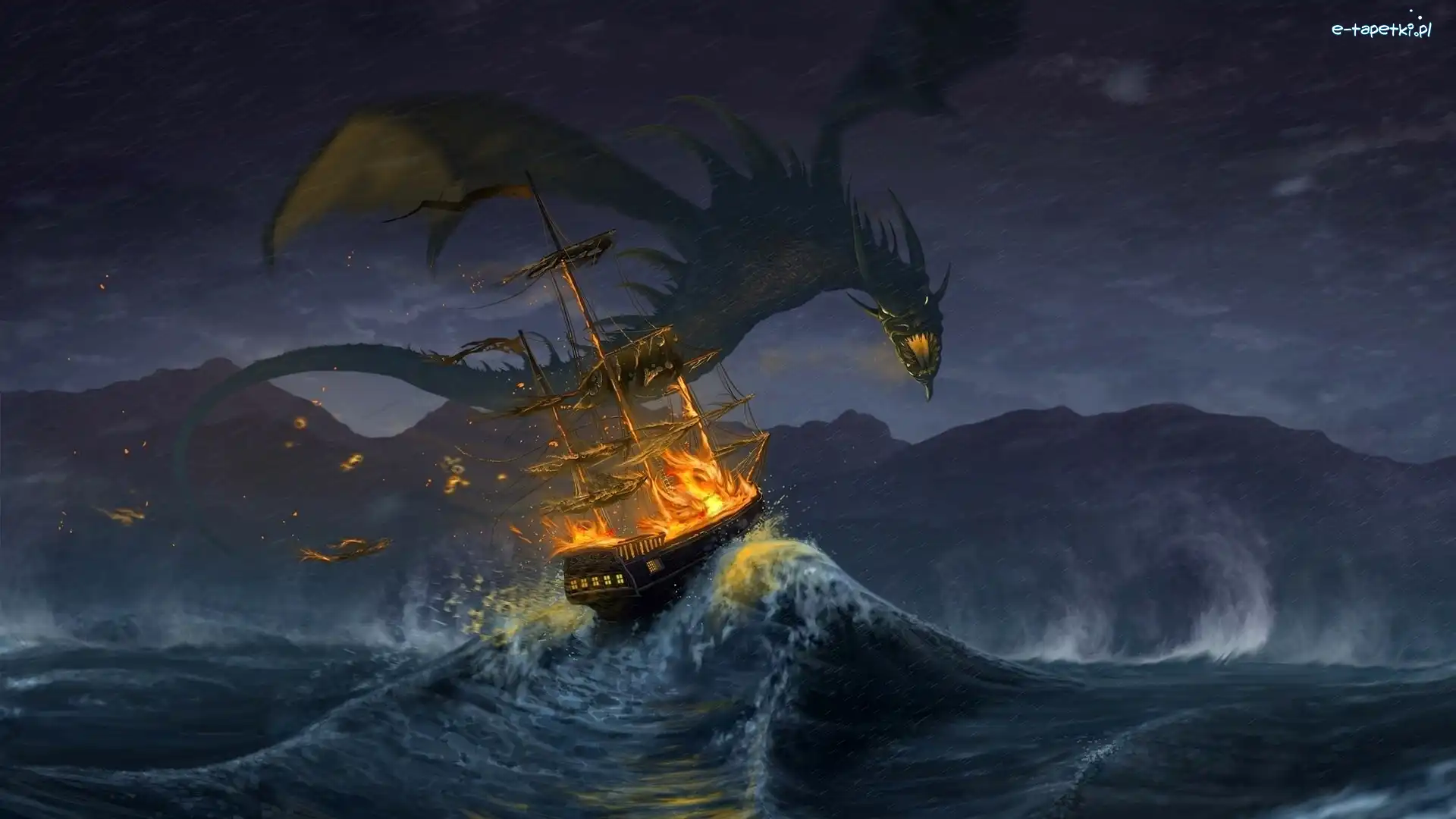 Fantasy, Morze, Smok, Żaglowiec, Fale