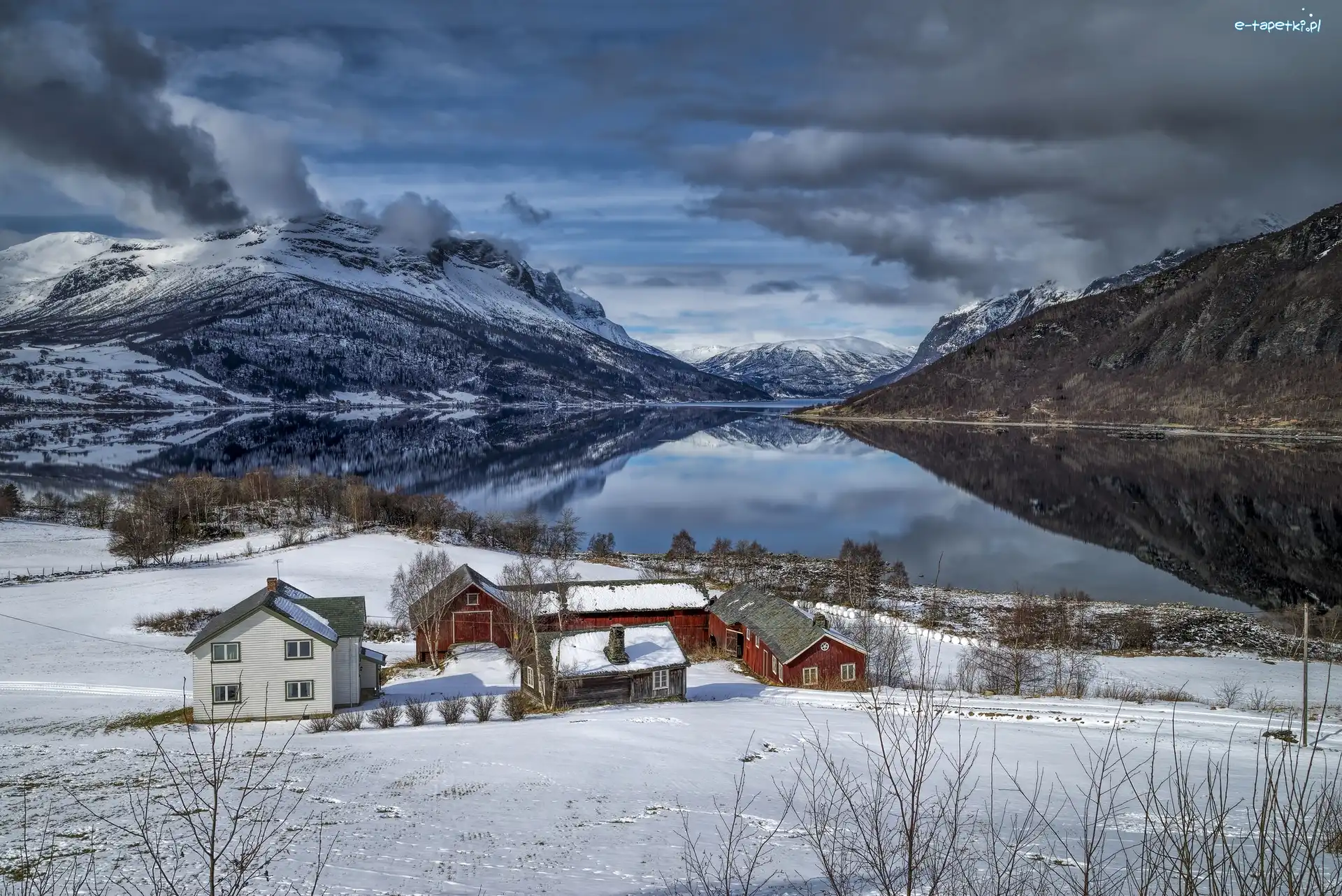 Domy, Góry, Norwegia, Valdres, Jezioro, Drzewa, Śnieg, Zima