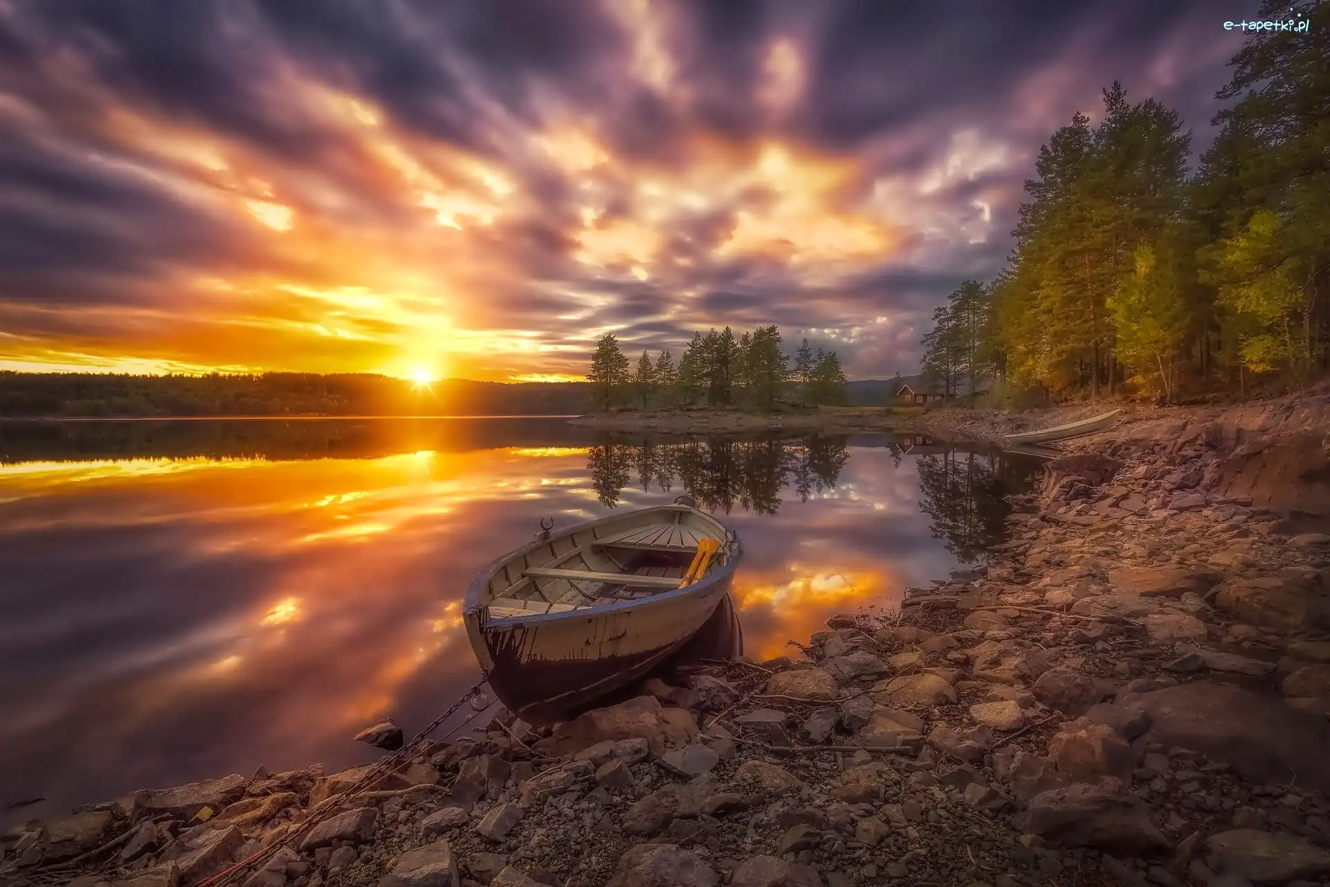 Norwegia, Las, Chmury, Jezioro, Łódka, Ringerike, Zachód Słońca