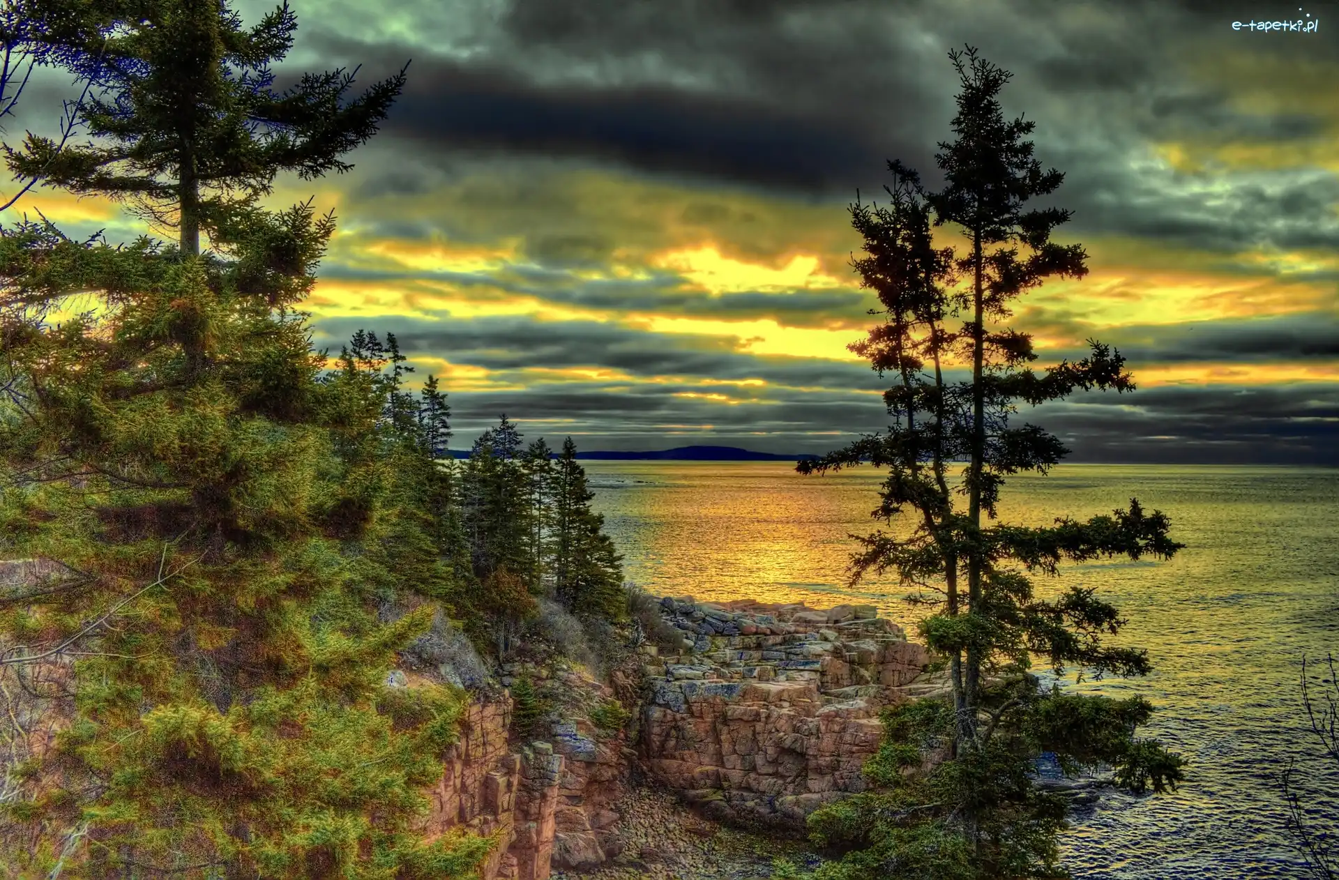 Norwegia, Wybrzeże, Drzewa, HDR, Jezioro, Chmury