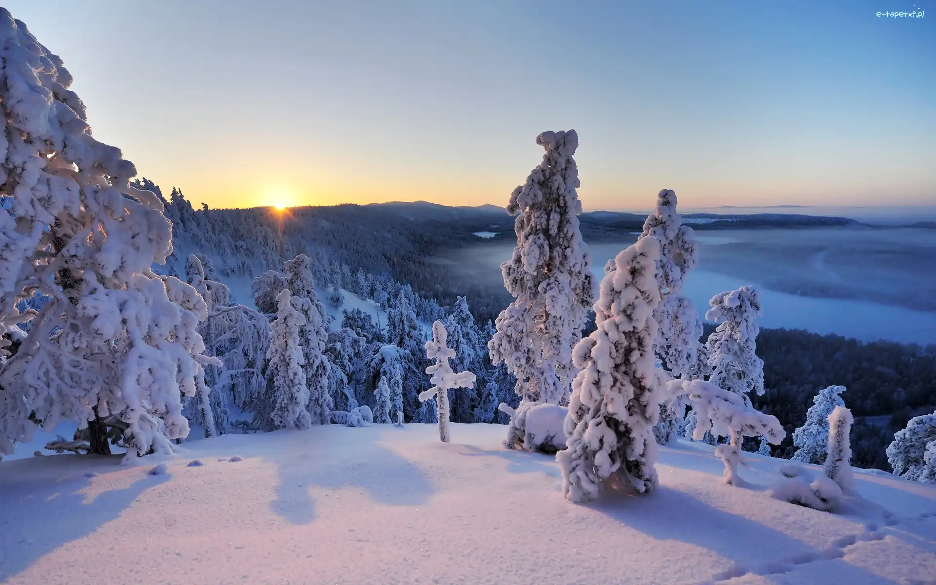 Kuusamo, Lasy, Zachód Słońca, Finlandia, Góry, Zima