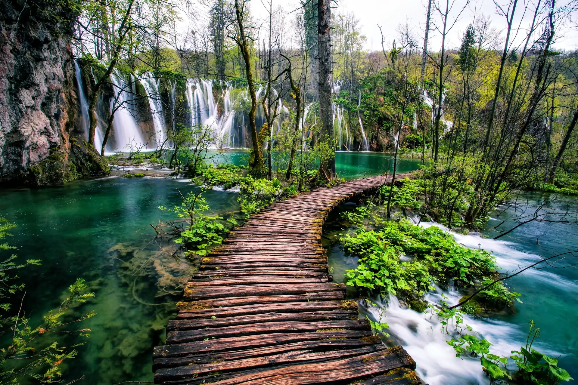 Wodospad, Pomost, Jezioro, Chorwacja, Plitvice