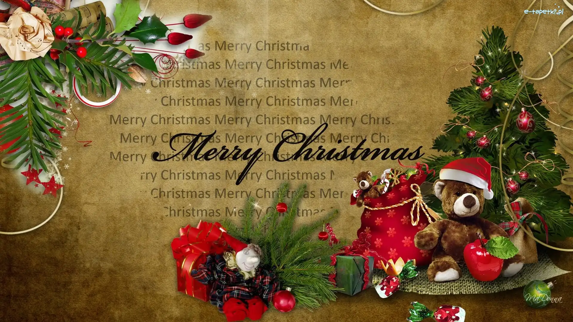 Choinka, Vintage, Christmas, Merry, Miś, Worek, Prezenty, Świąteczna