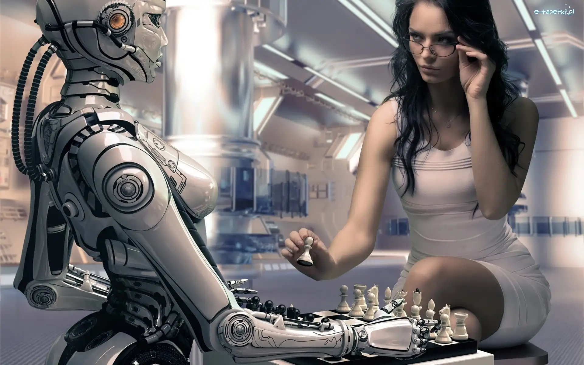 Szachy, Kobieta, Czarnowłosa, Robot
