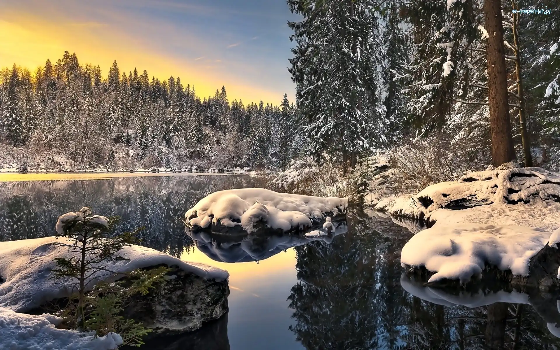 Wschód Słońca, Zima, Jezioro, Las, Śnieg