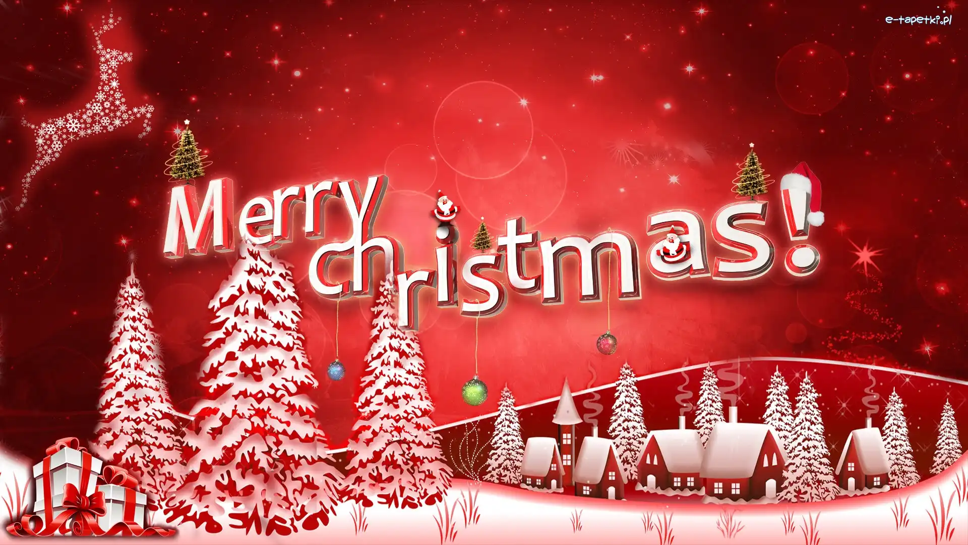 Napis, Czerwona, Christmas, Bombki, Choinki, Domy, Prezenty, Biało, Grafika, Merry