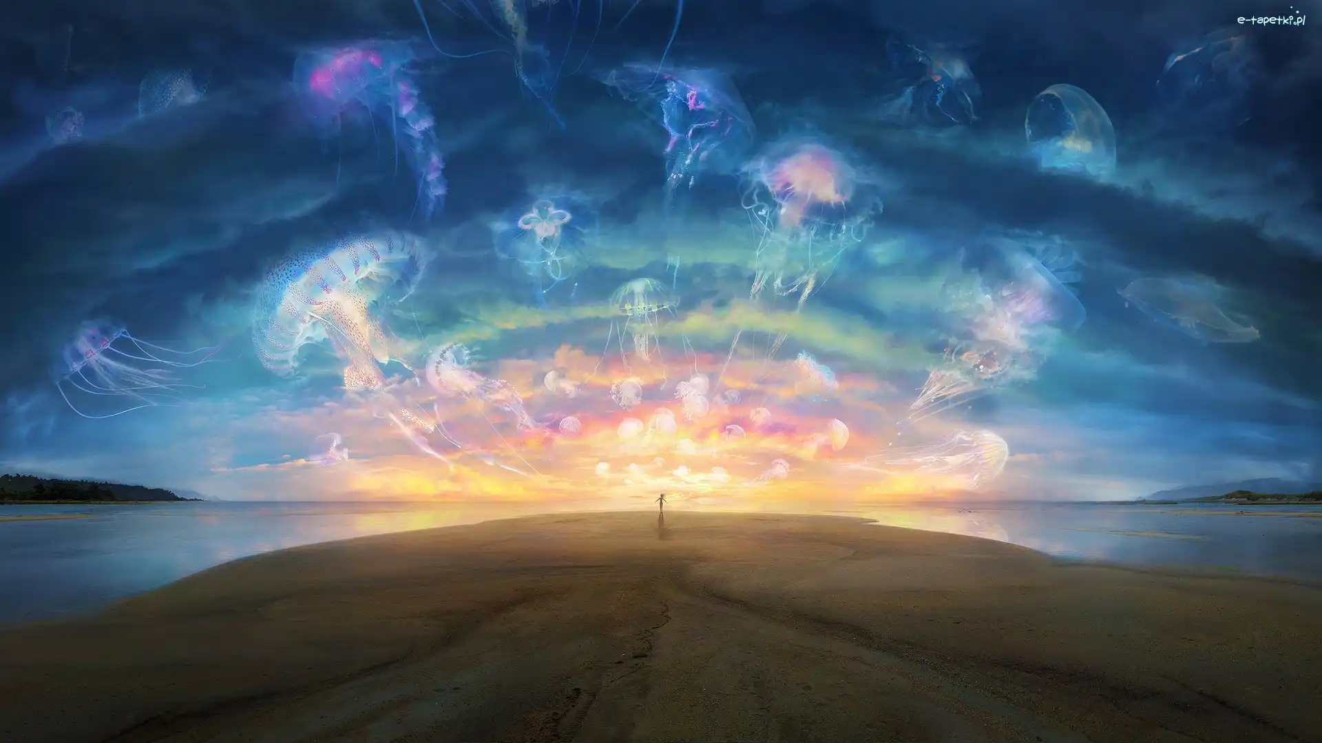 Meduzy, Morze, Plaża, Fantasy, Kobieta