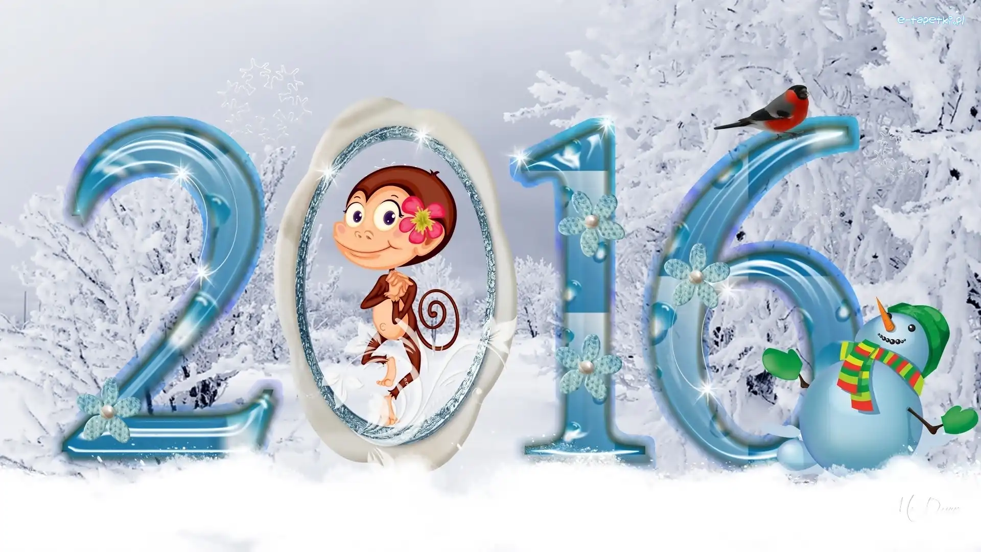 Nowy Rok 2016, Ptaszek, Zima, Grafika, Bałwanek, Małpka