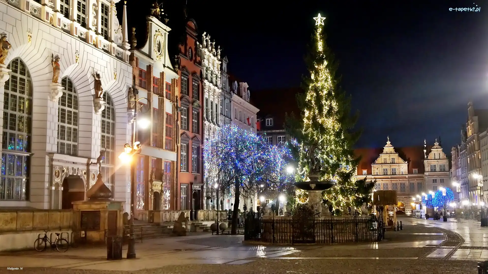 Miasto, Noc, Gdańsk, Świąteczne, Choinka