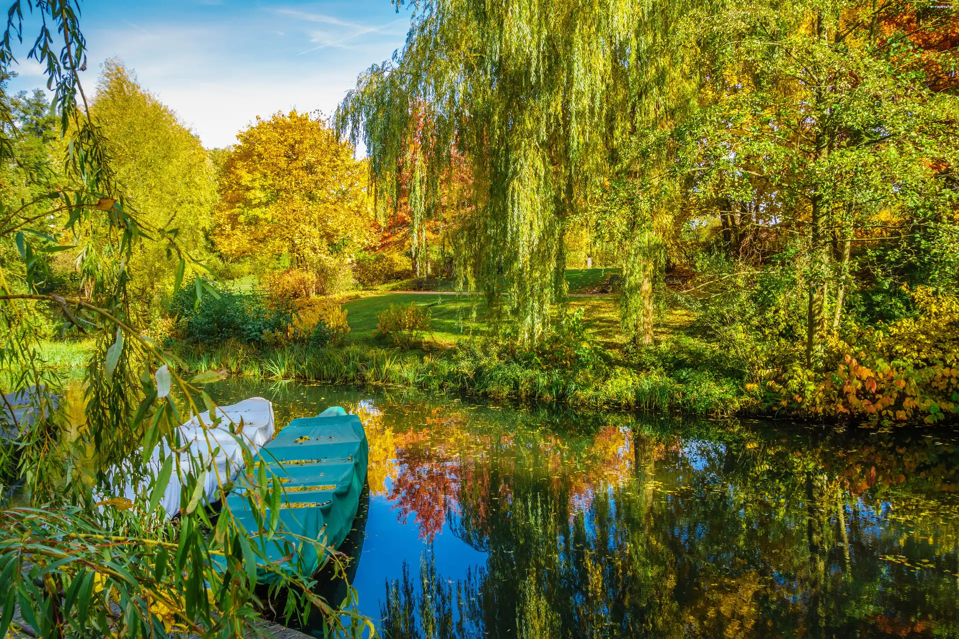 Park, Łódki, Staw, Jesień