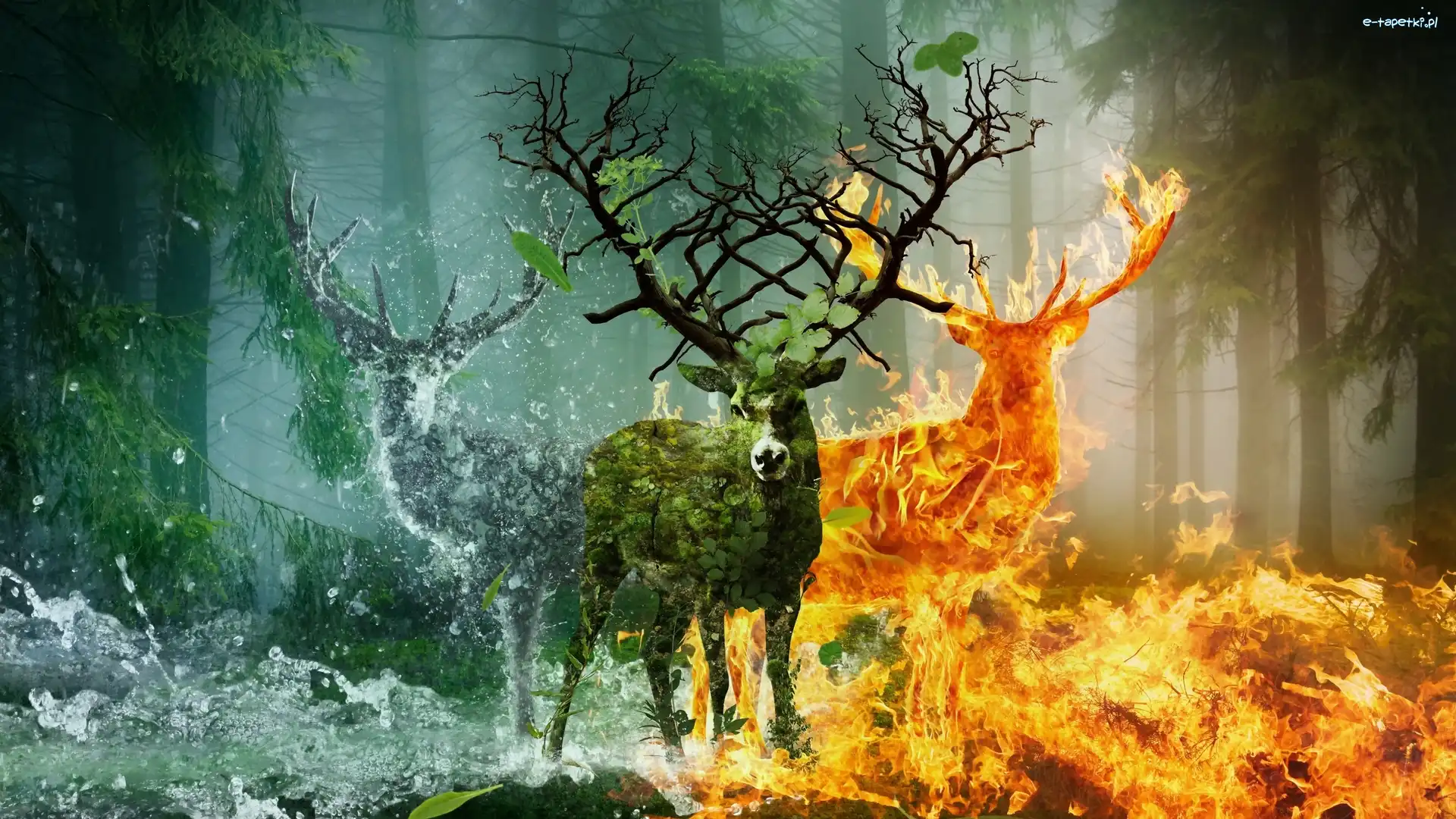 Woda, Jelenie, Ogień, Las, Fantasy, Grafika