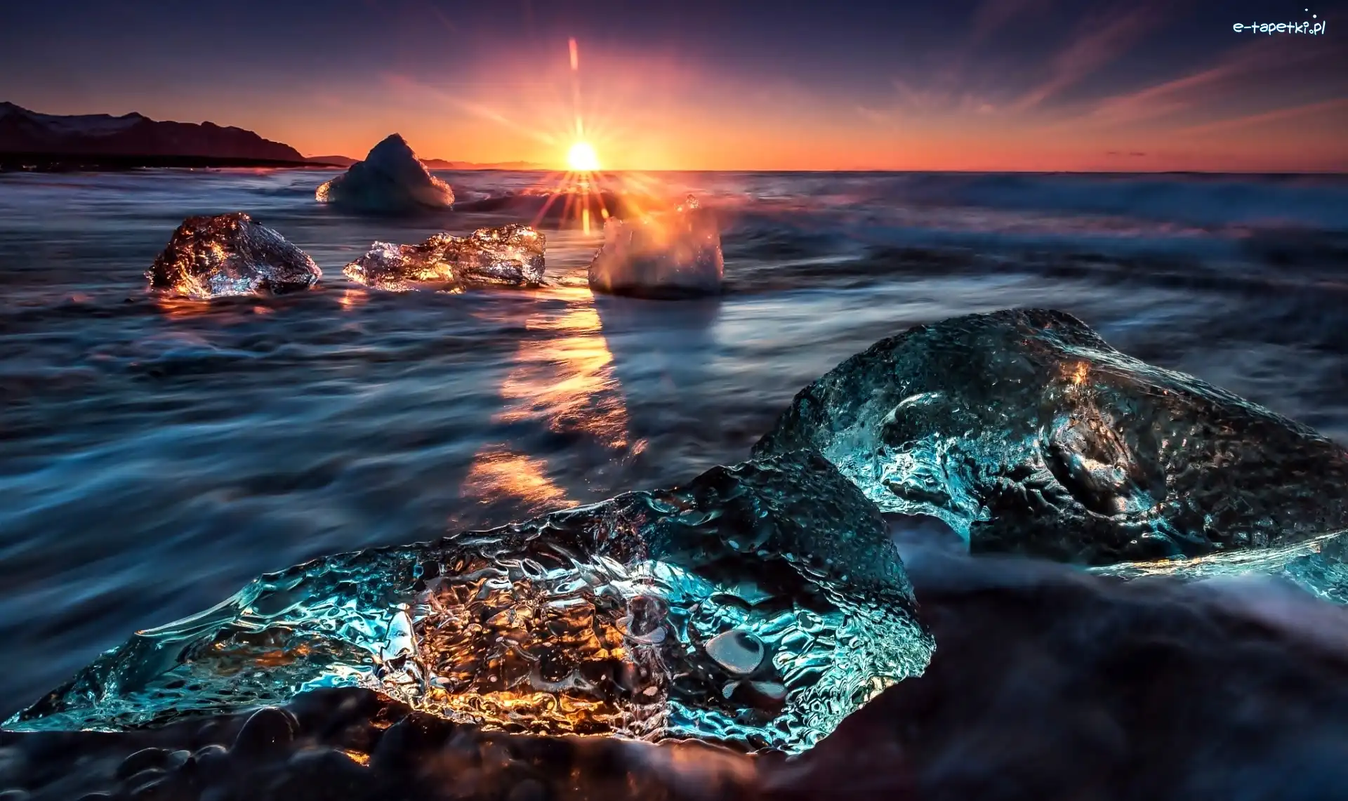 Islandia, Zachód Słońca, Morze, Laguny, Lody