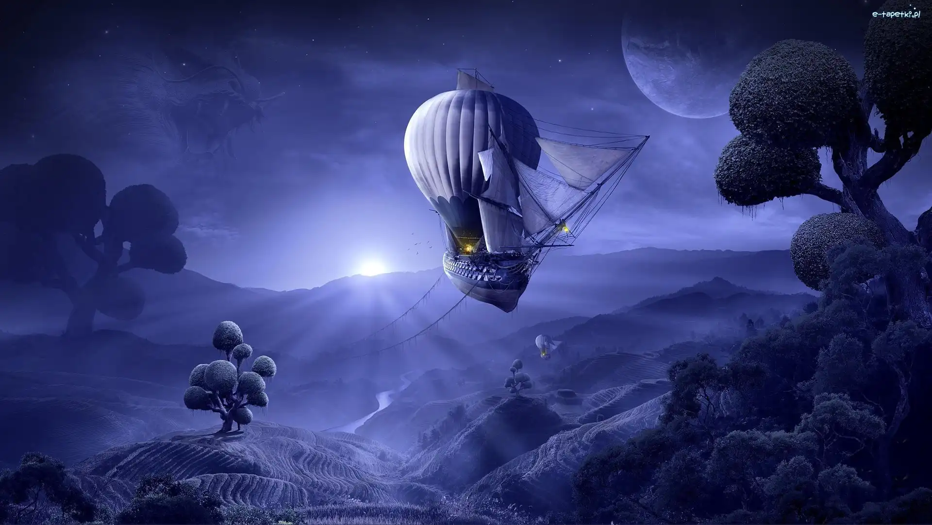 Panorama, Statek, Balon, Grafika