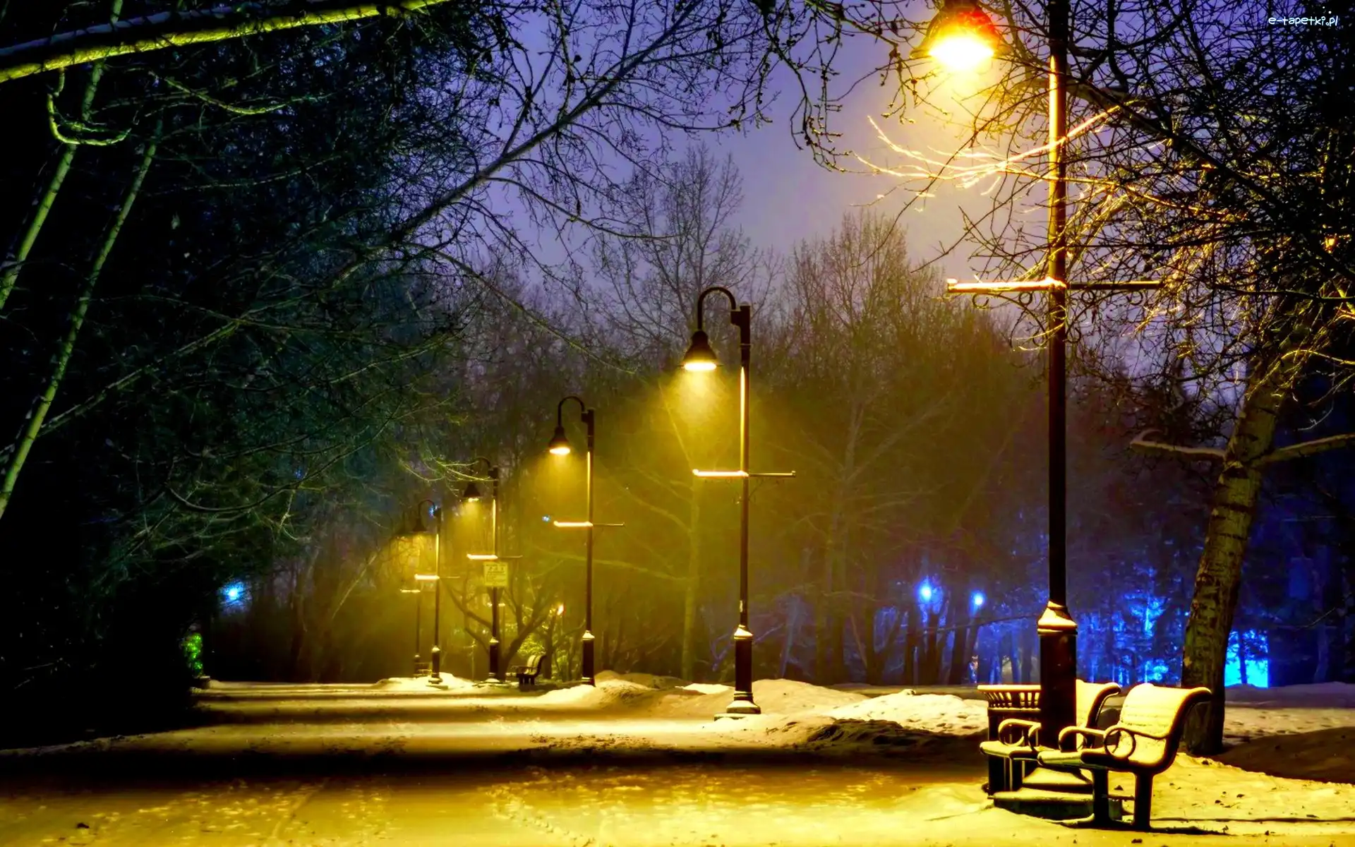 Śnieg, Latarnie, Ławki, Zmierzch, Park, Zima