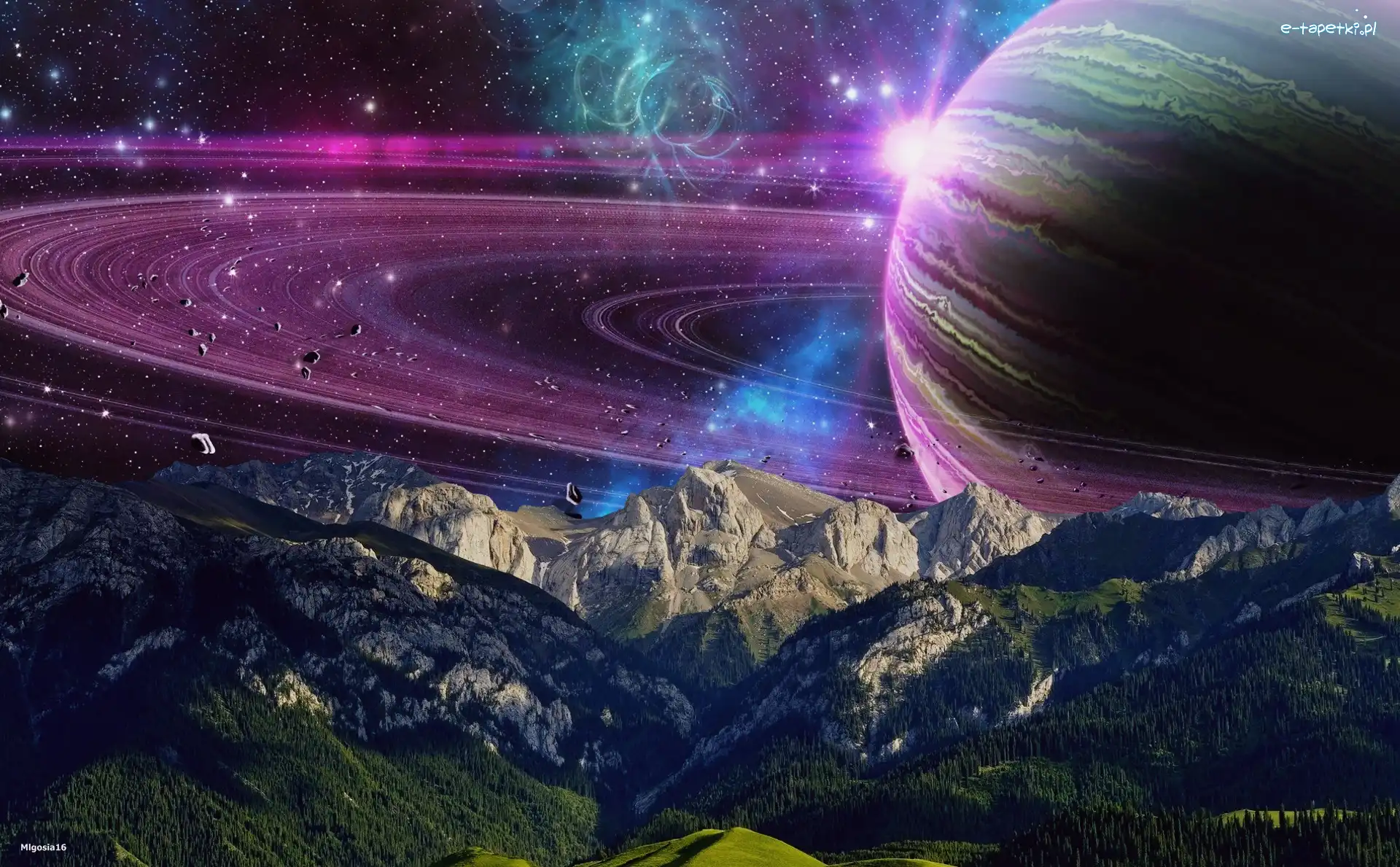 Góry, Planeta, Noc, Pierścień, Gwiazdy