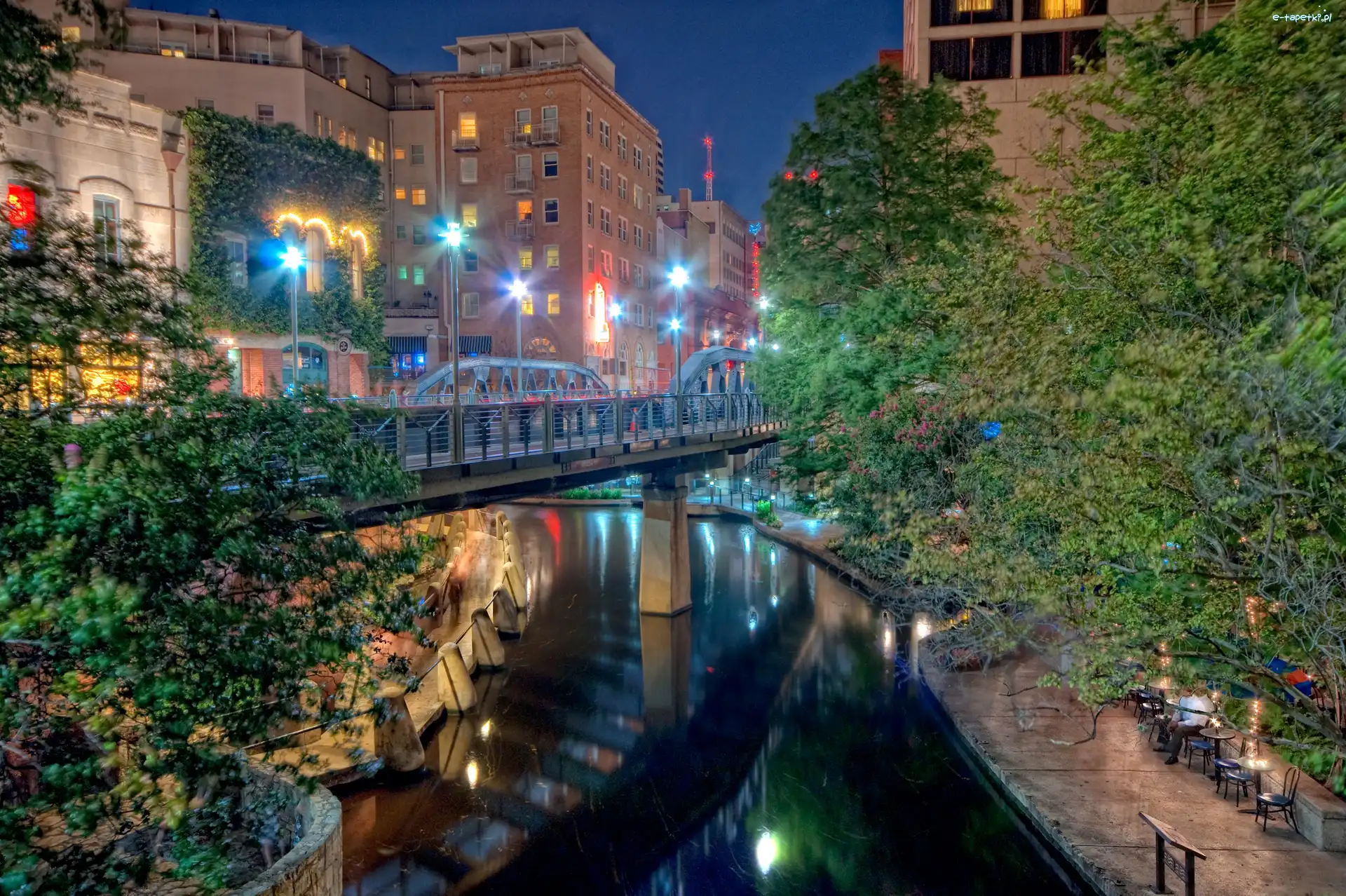 Most, Miasto, Noc, Rzeka, USA, San Antonio