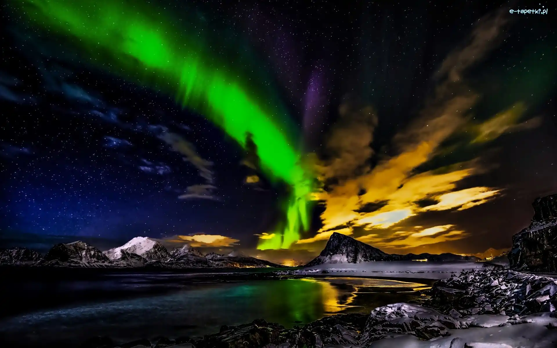 Norwegia, Góry, Zorza Polarna, Noc, Jezioro