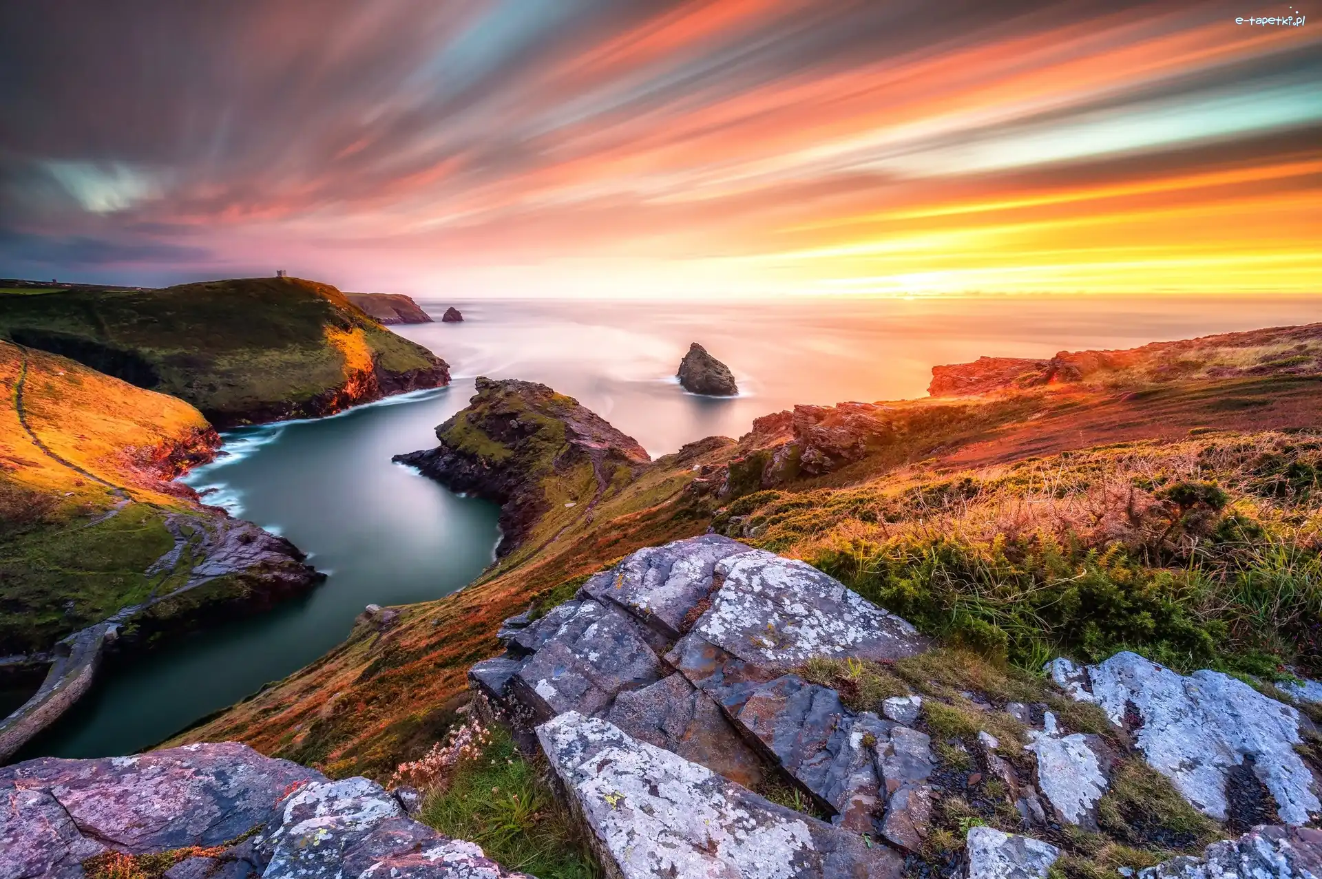 Anglia, Piękny, Zachód, Wybrzeże, Skaliste, Boscastle, Słońca