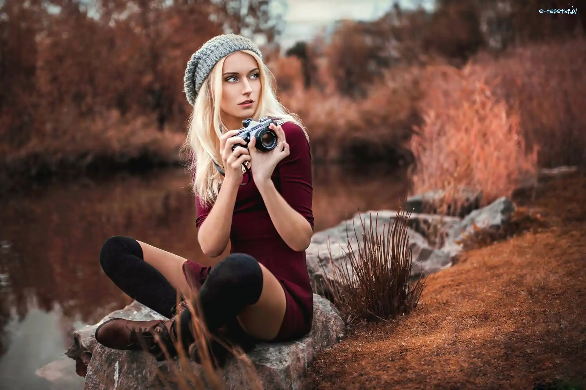 Park, Aparat, Fotograficzny, Blondynka, Dziewczyna, Kamienie, Staw
