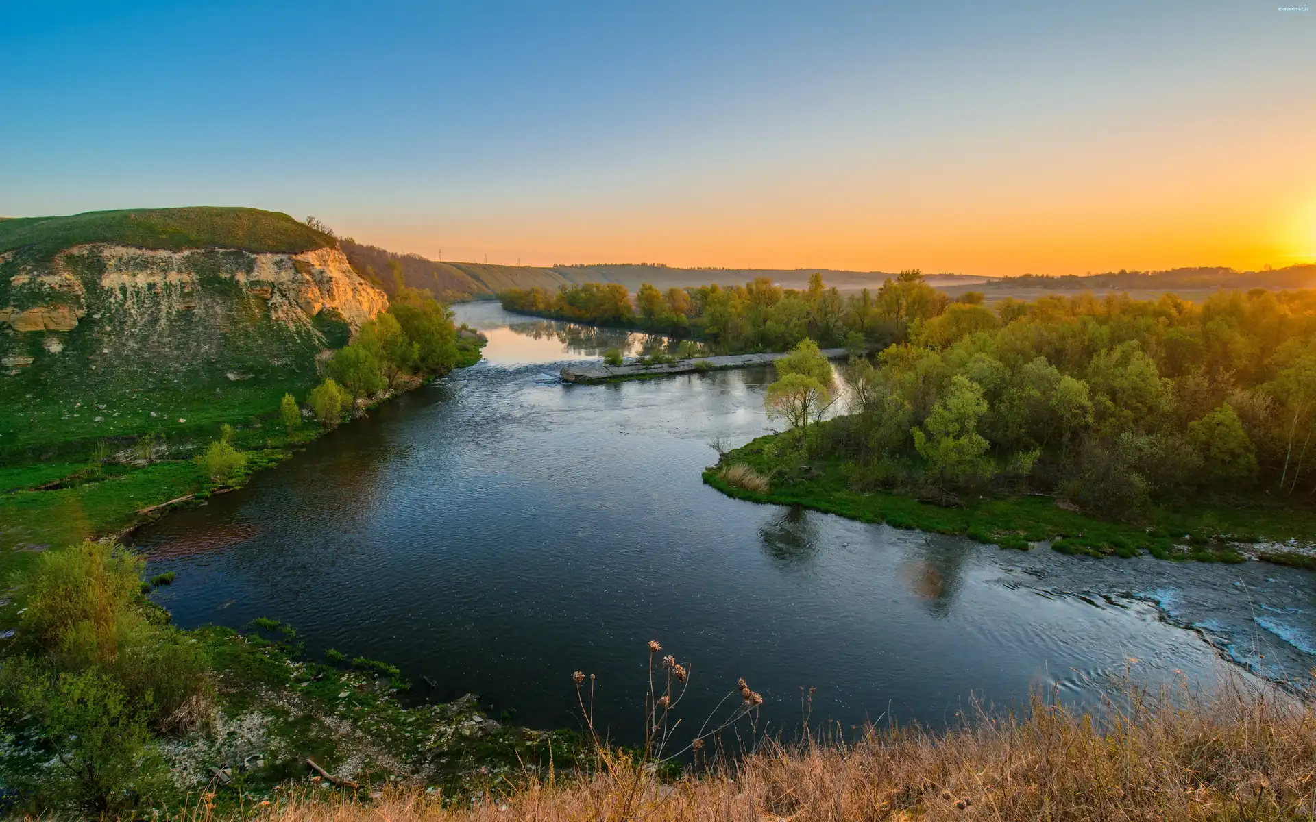 Wschód, Rzeka, Słońca, Wzgórza, Las
