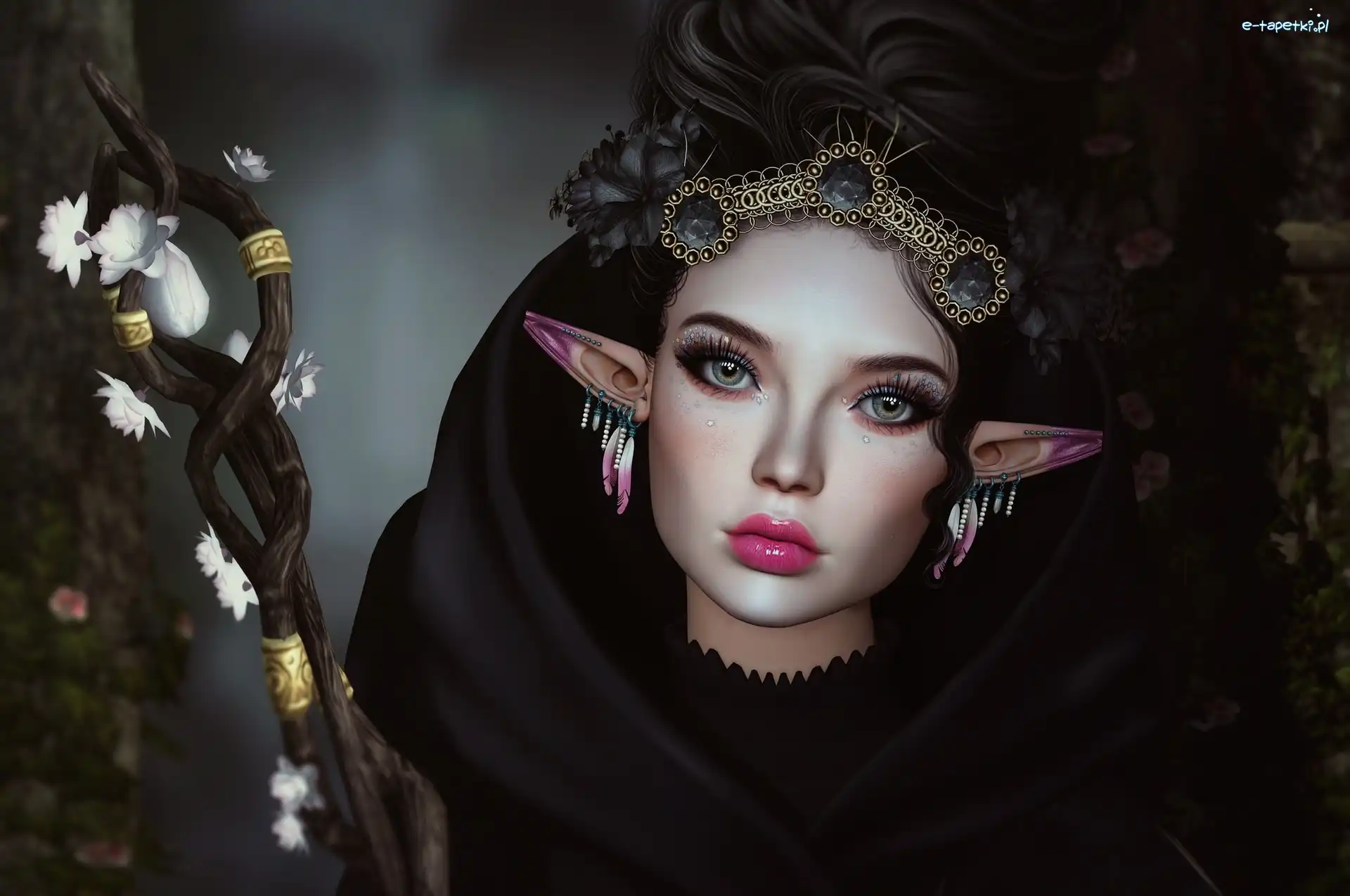 Kobieta, Czarna, Elf, Diadem, Peleryna