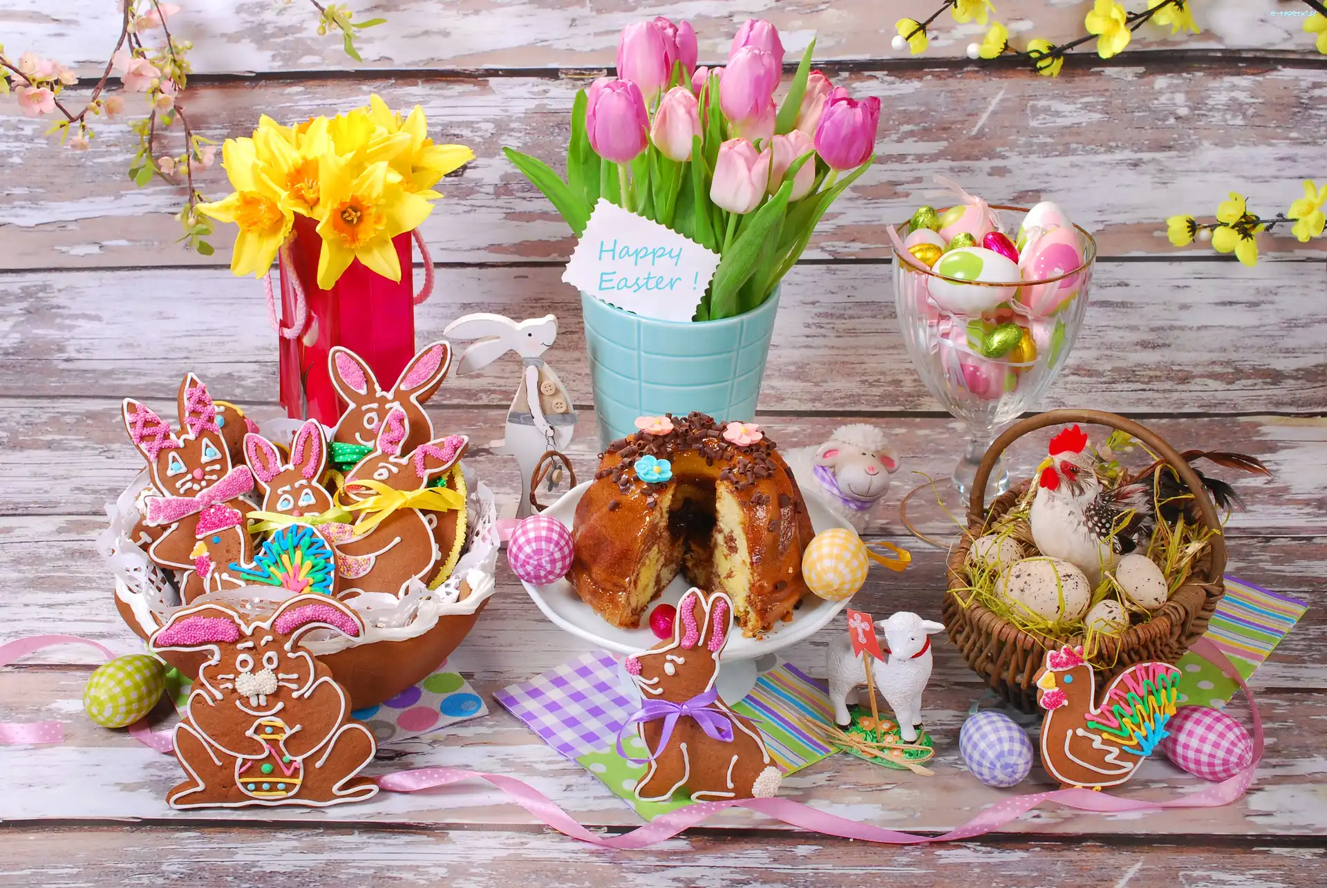 Babka, Żonkile, Kwiaty, Tulipany, Wielkanoc, Pisanki, Jajka