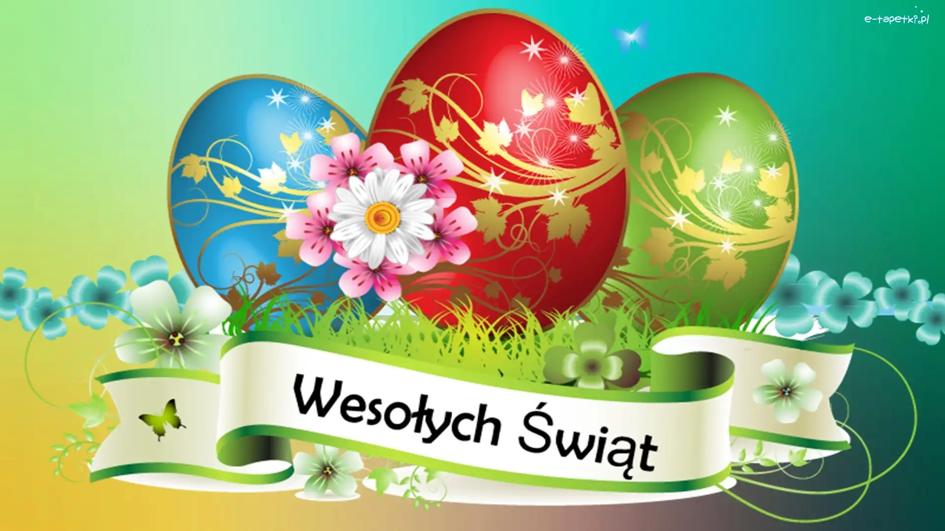 Pisanki, Wstążka, Kwiaty, Wielkanoc