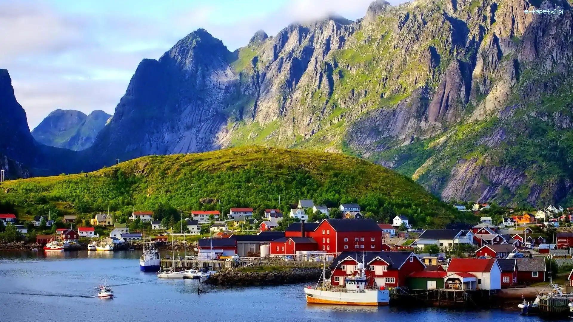 Norwegia, Morzem, Góry, Nad, Wieś, Statki, Port